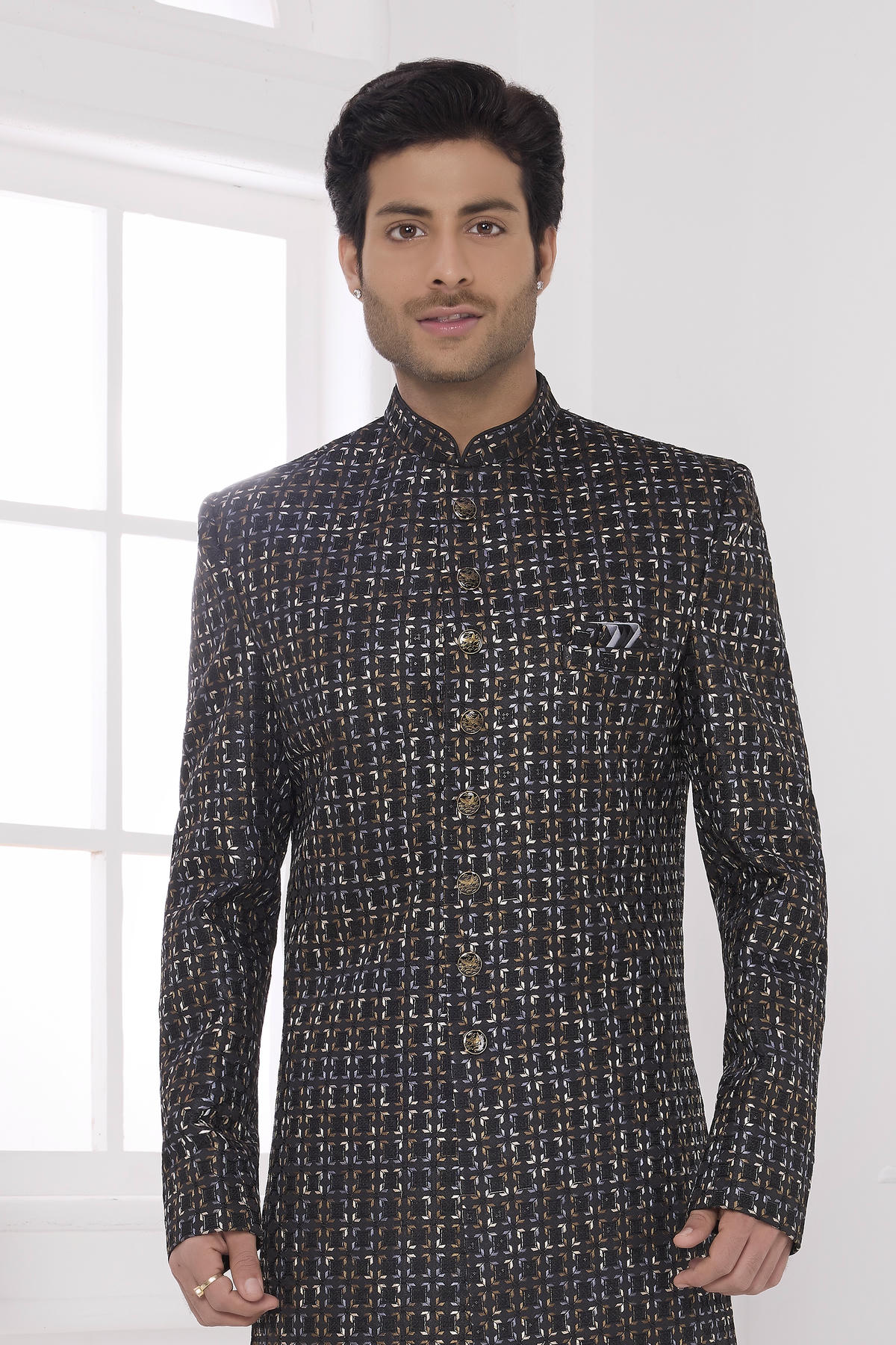 Black Colour Art Silk Embroidery Work Sherwani
