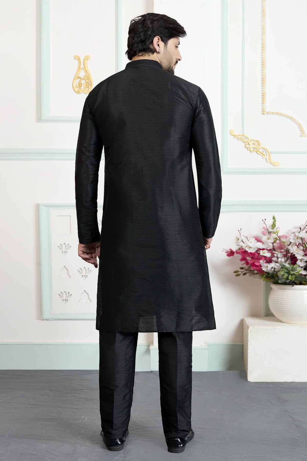 Black Colour Art Silk Solid Kurta Pajama