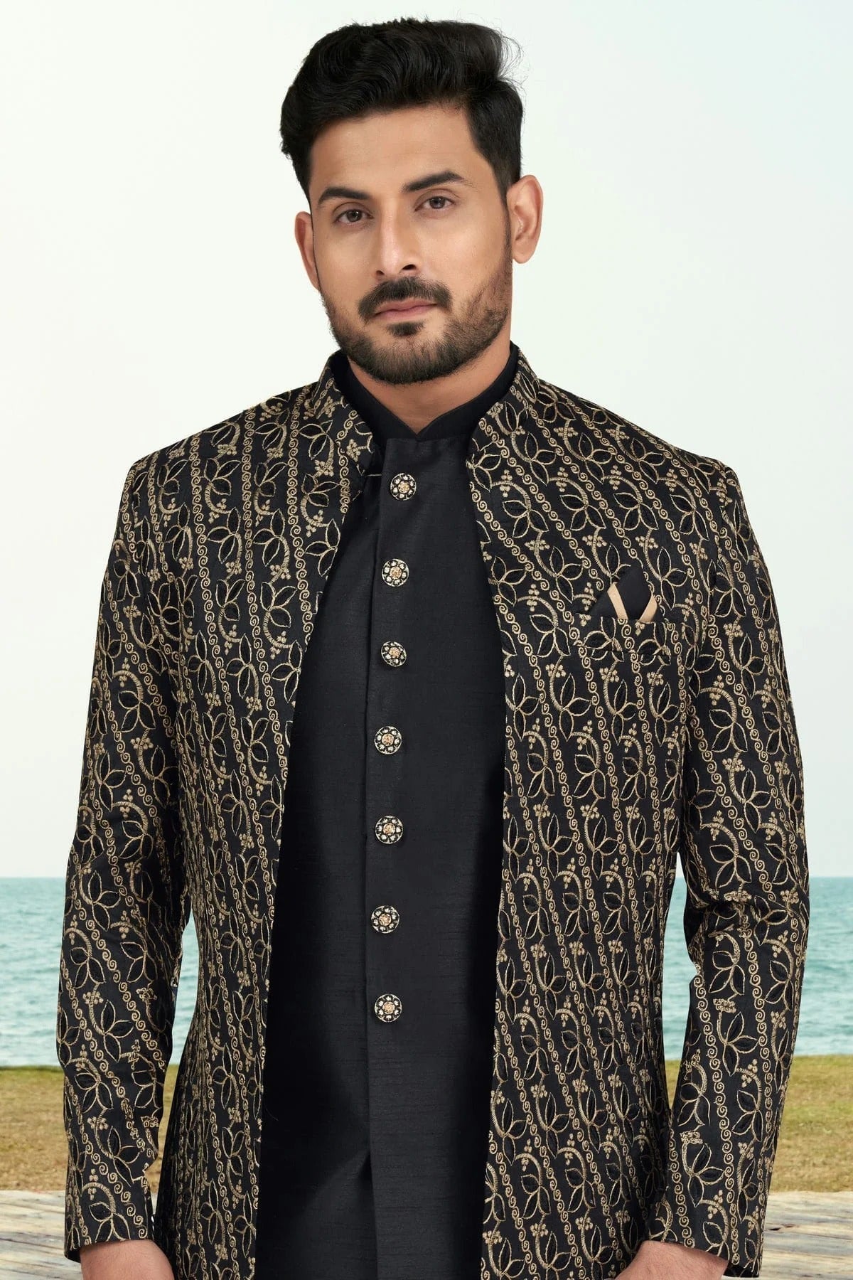 Black Colour Banarasi Silk Sherwani SH1040525 A