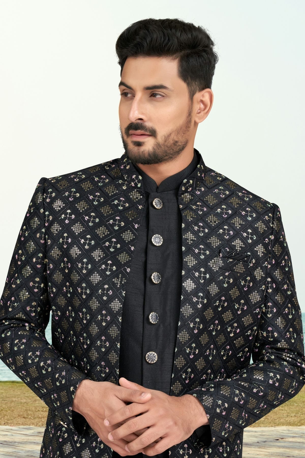 Black Colour Banarasi Silk Sherwani SH1040526 A