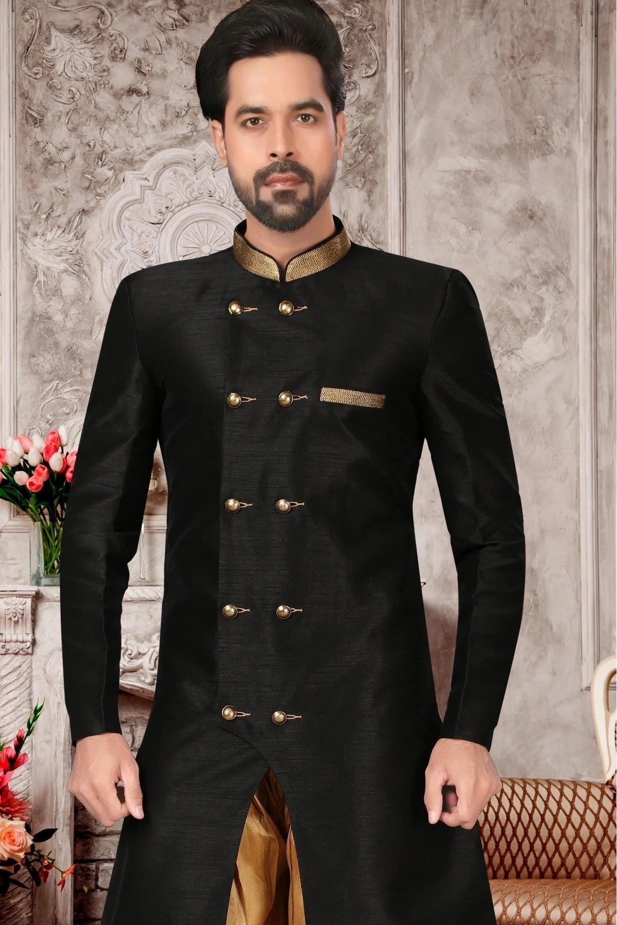 Black Colour Brocade Silk Dhoti Sherwani SH1040297 A