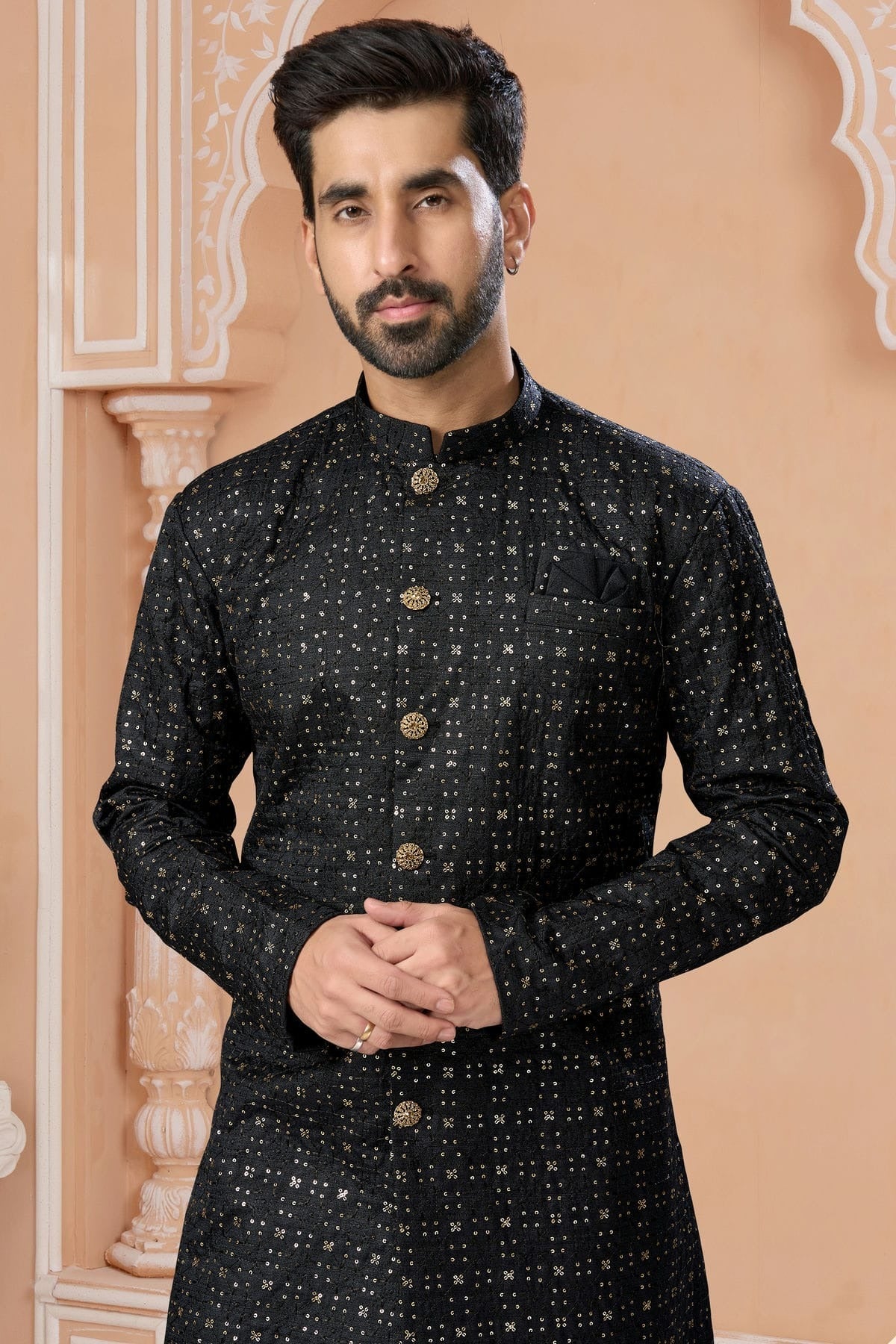 Black Colour Champion Silk Sherwani SH1040546 A