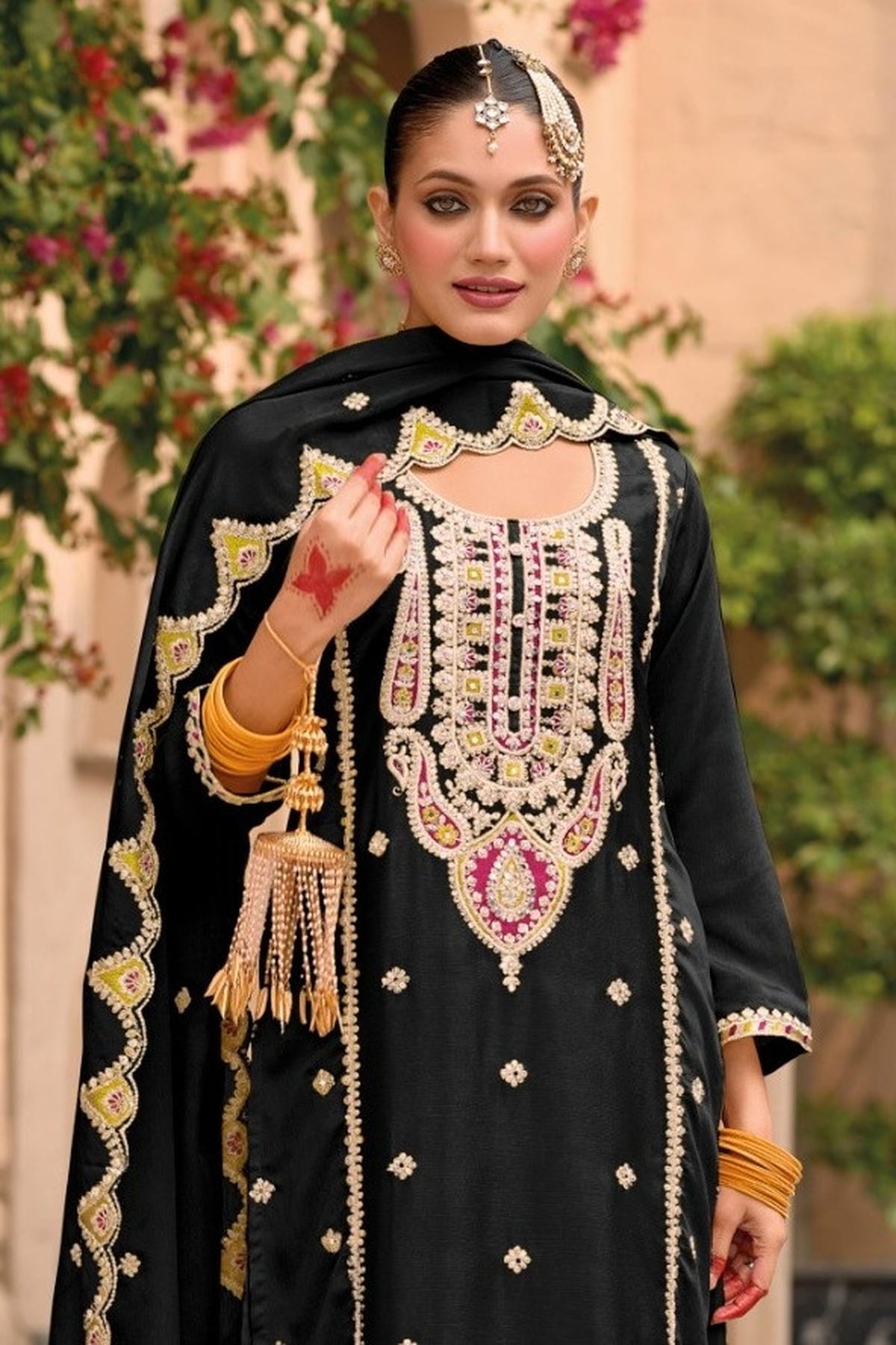 Black Colour Chinon Embroidery Work Palazzo Pant Suit