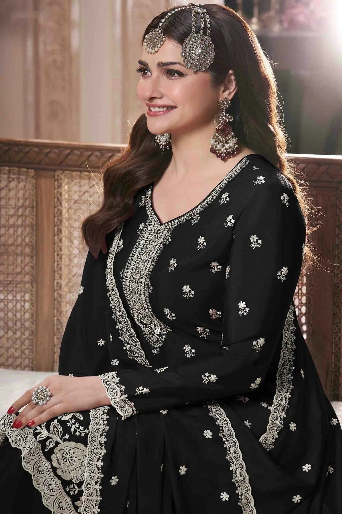 Black Colour Chinon Palazzo Pant Suit SM1140920 A