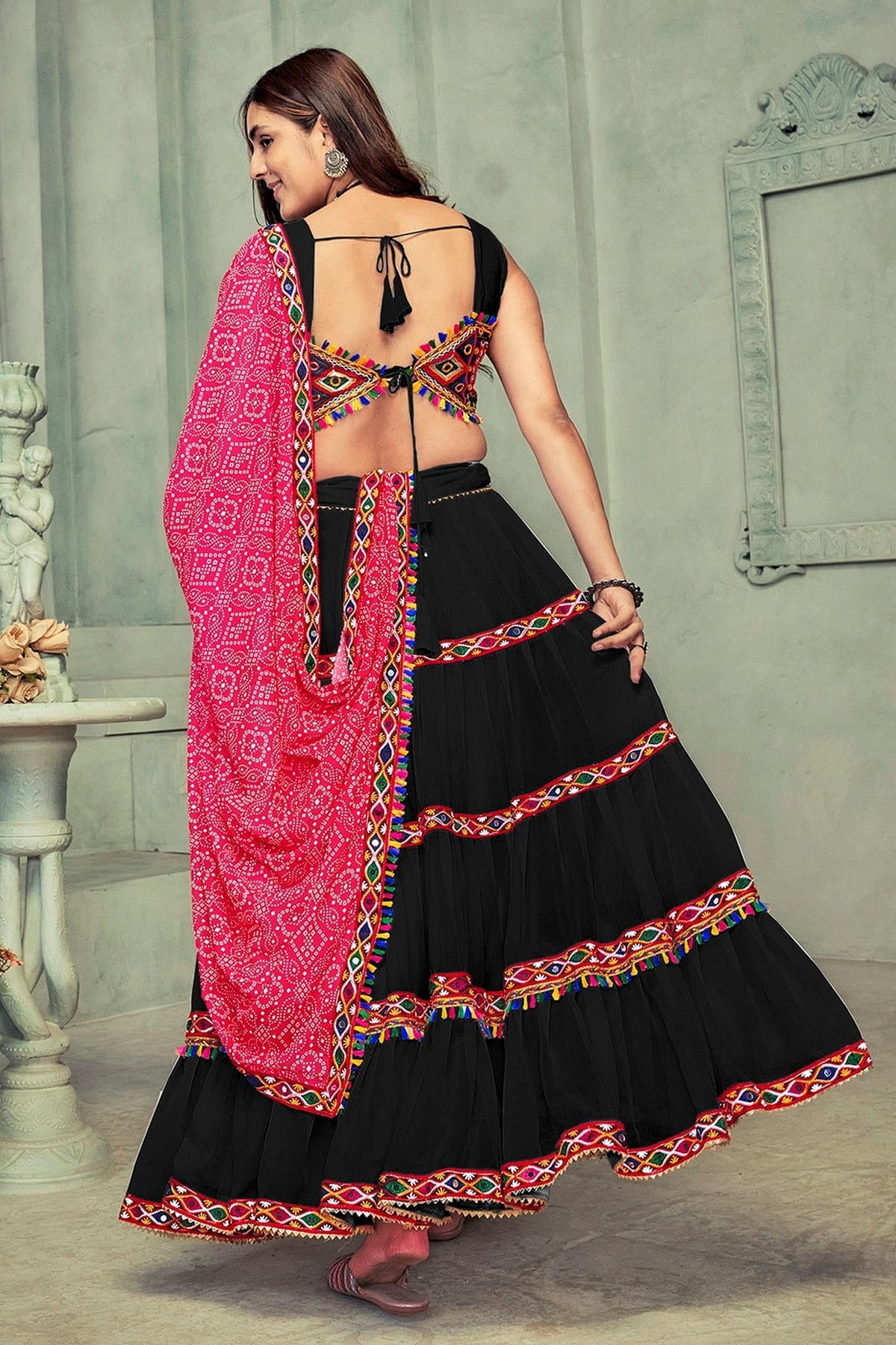 Black Colour Embroidery Work Georgette Navratri Lehenga LD1170027 A