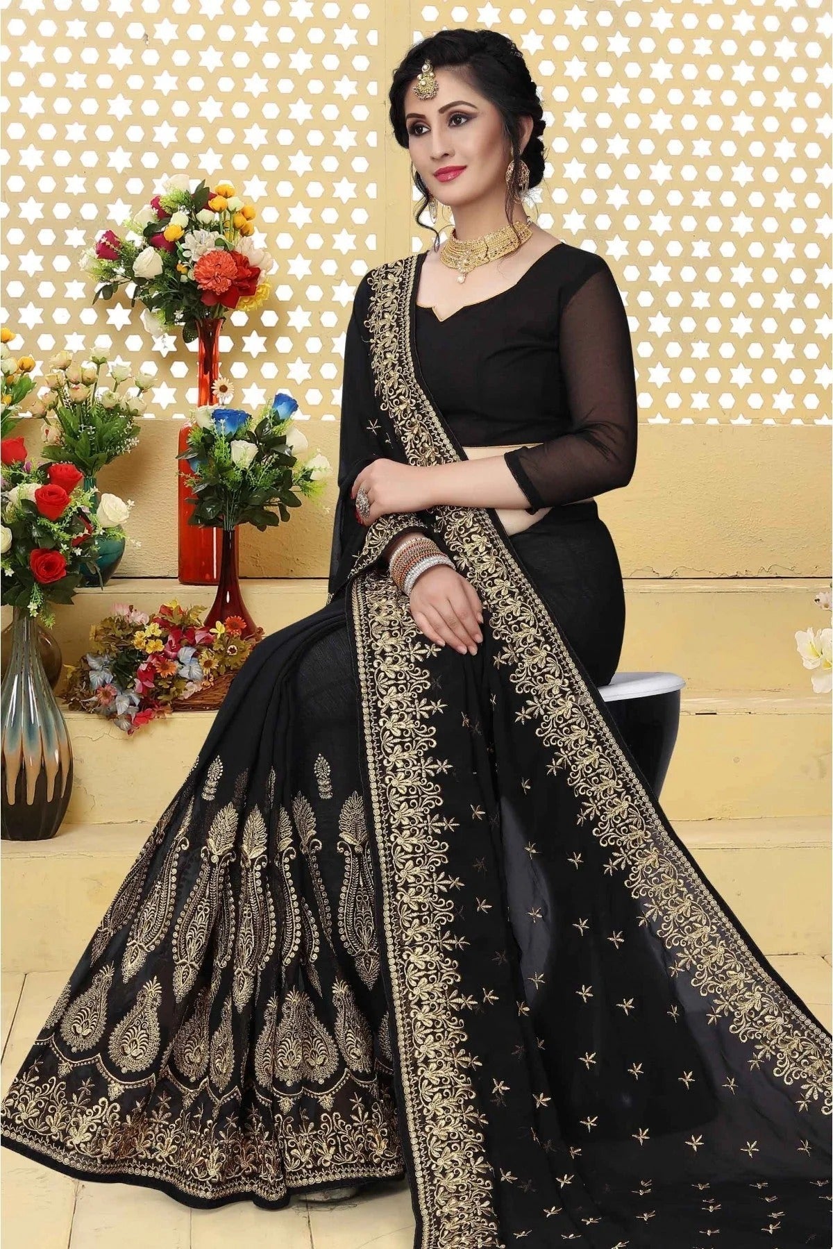 Black Colour Georgette Embroidered Saree SD1120427 A