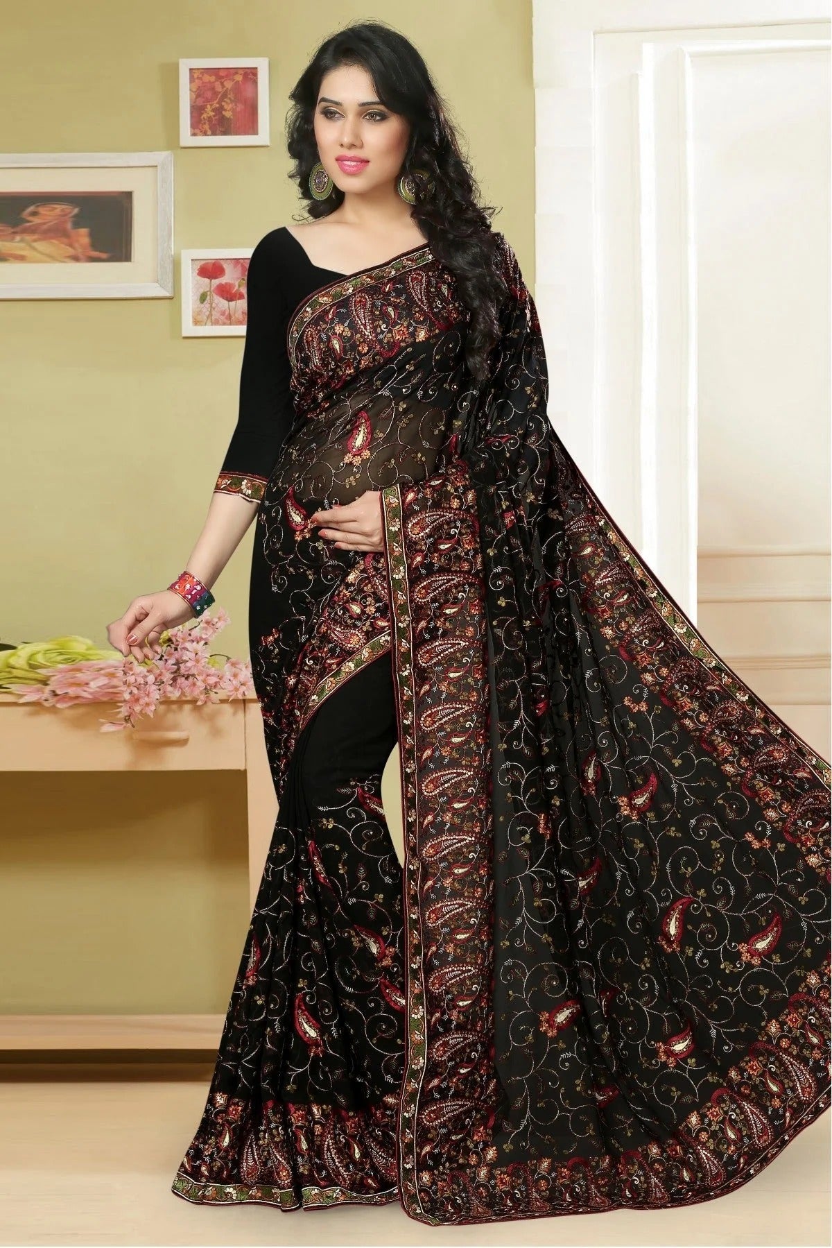 Black Colour Georgette Embroidery Saree SD1120001