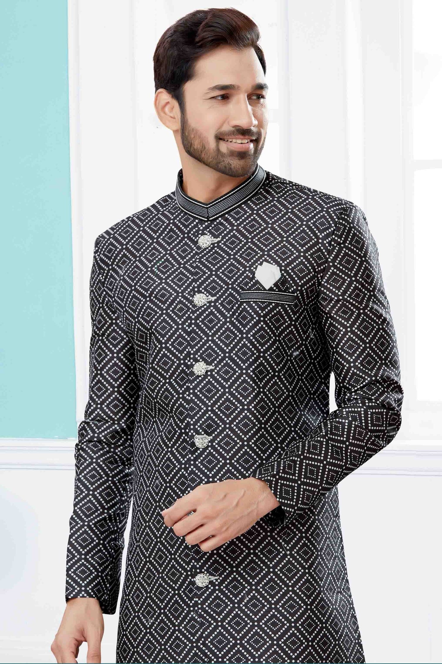 Black Colour Indo Western In Jacquard Fabric SH1040445 A