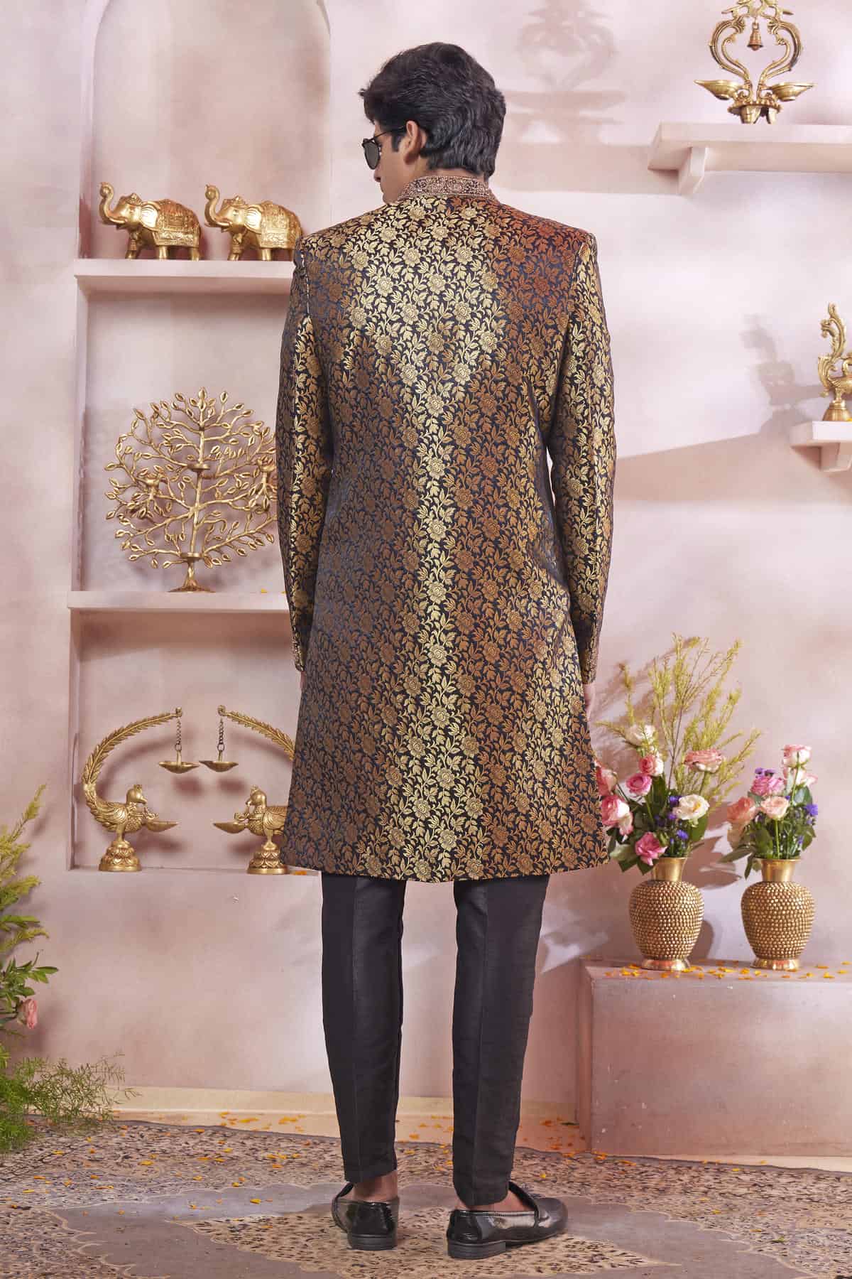 Black Colour Jacquard Banarasi Silk Embroidery Work Sherwani