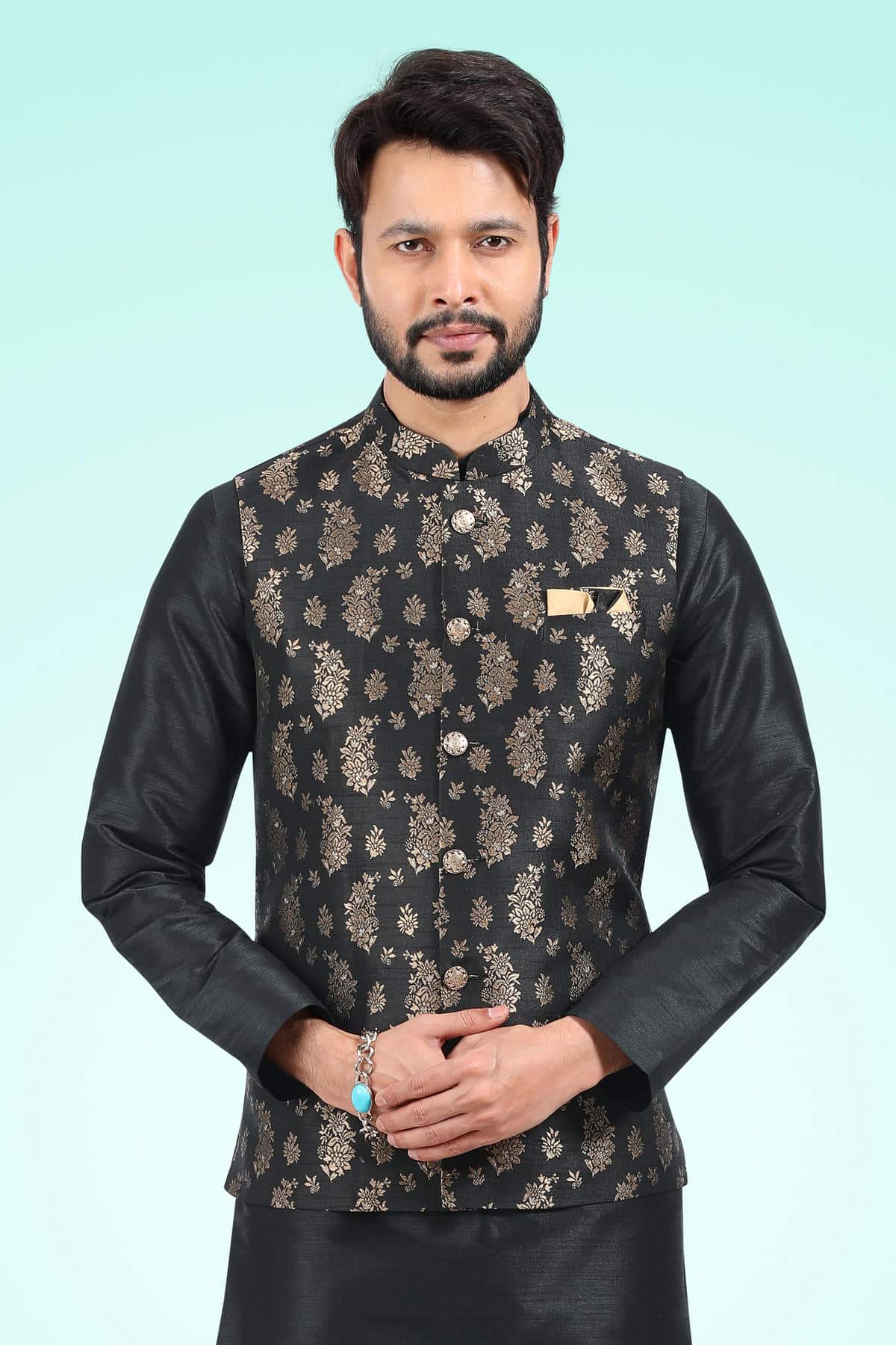 Black Colour Jacquard Banarasi Silk Woven Work Kurta Pajama With Jacket
