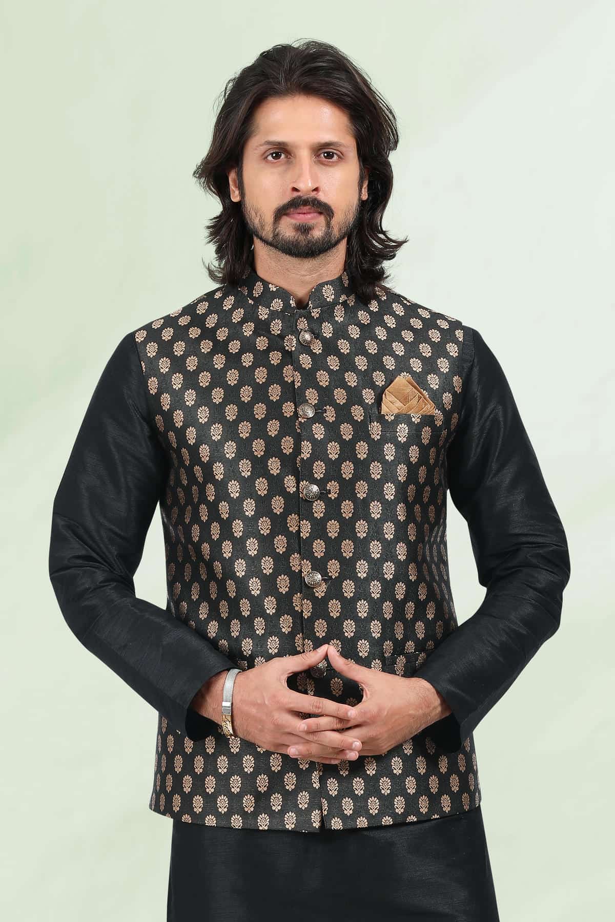 Black Colour Jacquard Banarasi Silk Woven Work Kurta Pajama With Jacket