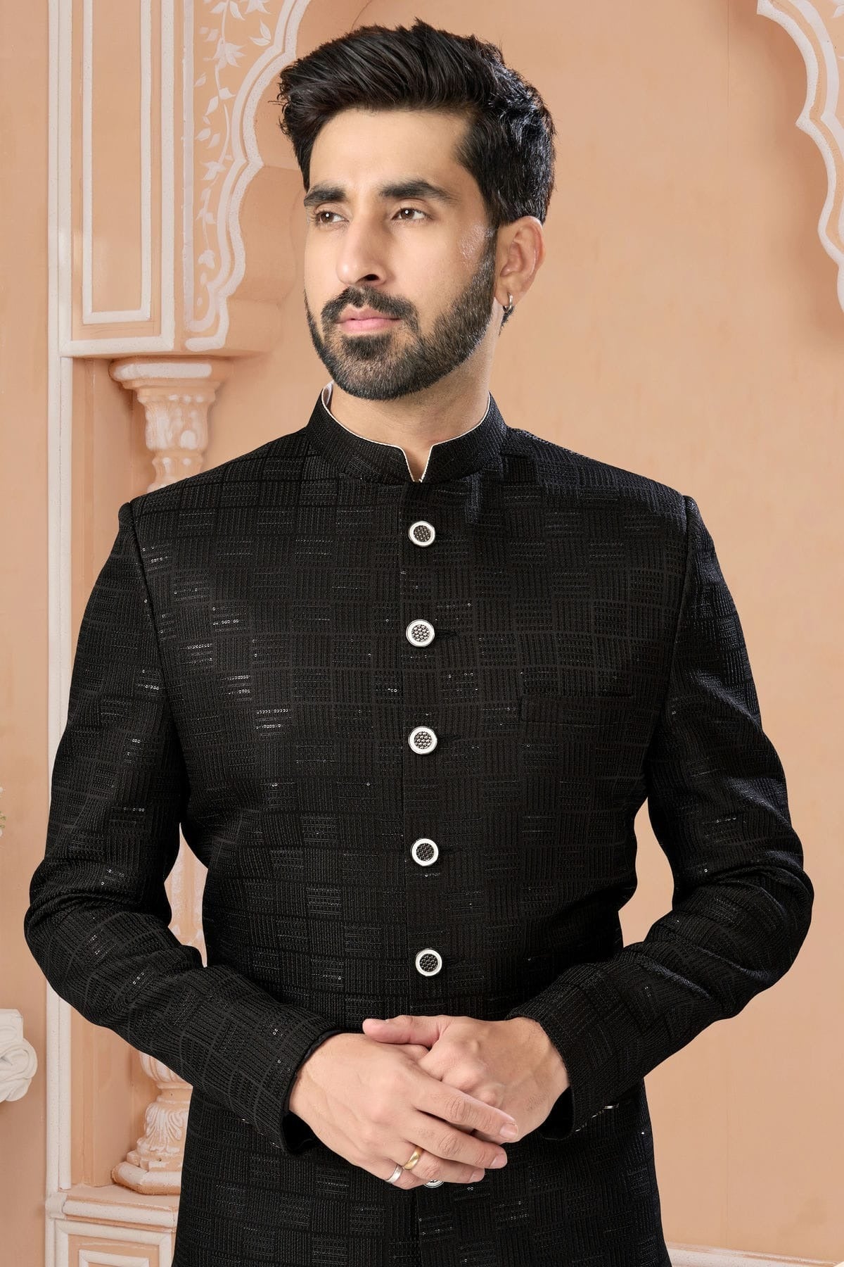Black Colour Jacquard Sherwani SH1040564 A