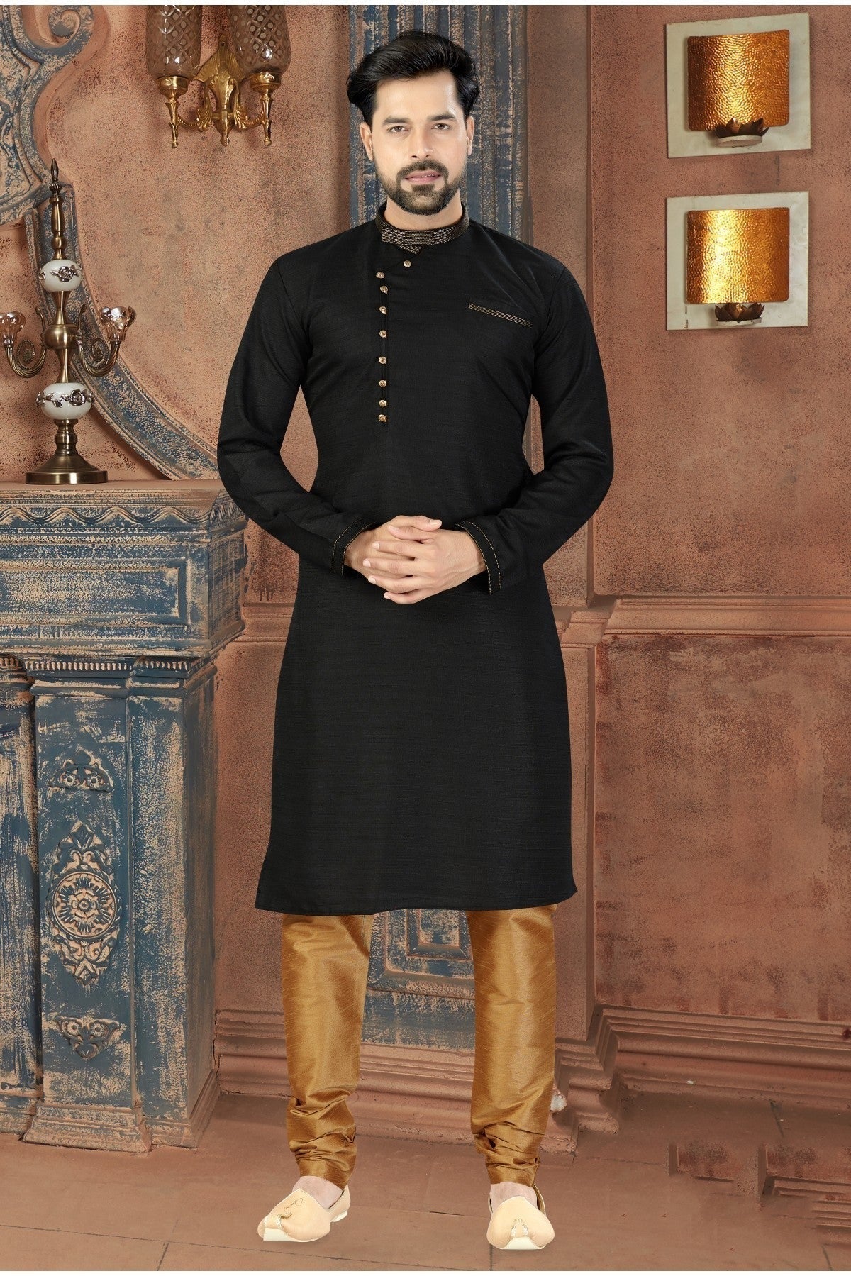 Black Colour Kurta Pajama In Silk Fabric KP1040080