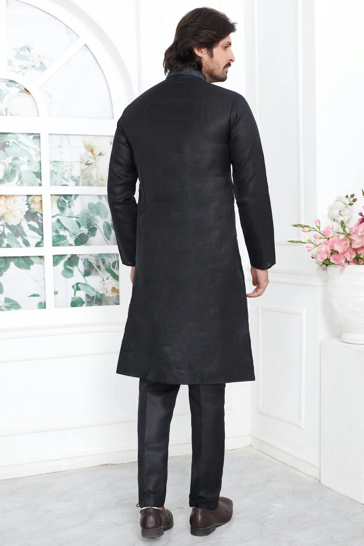 Black Colour Linen Cotton Thread Work Kurta Pajama KP1230140 B