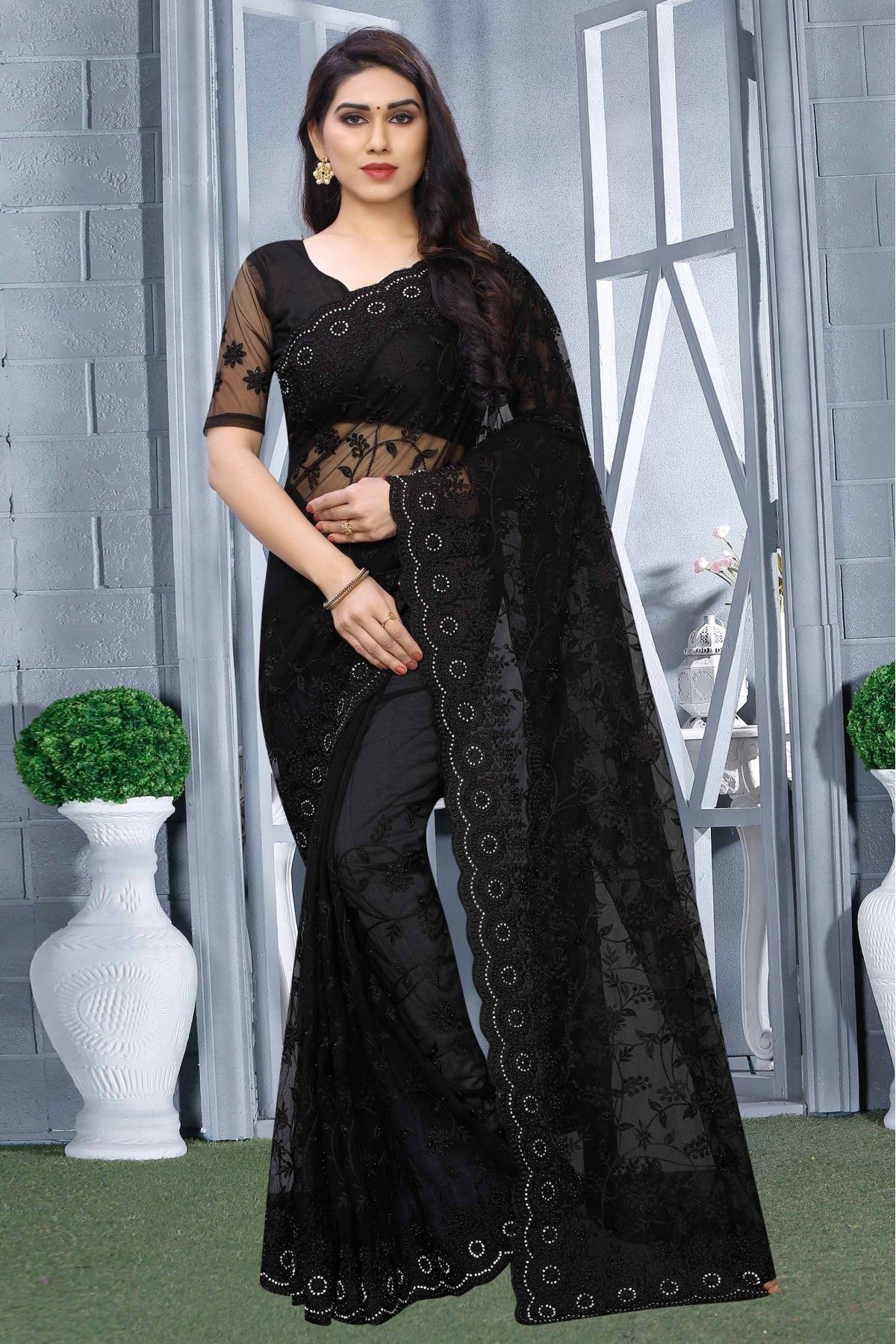 Black Colour Net Designer Saree SD1090072
