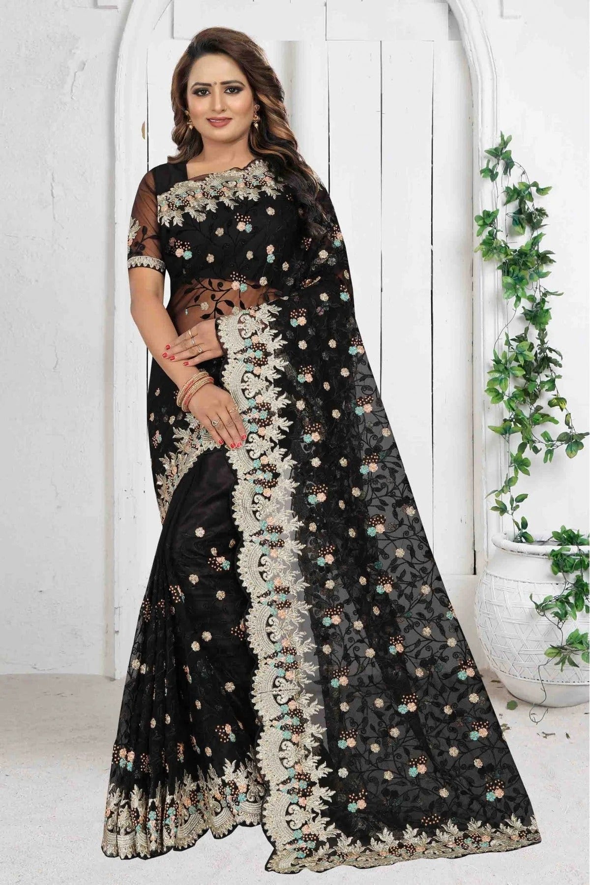 Black Colour Net Designer Saree SD1090077