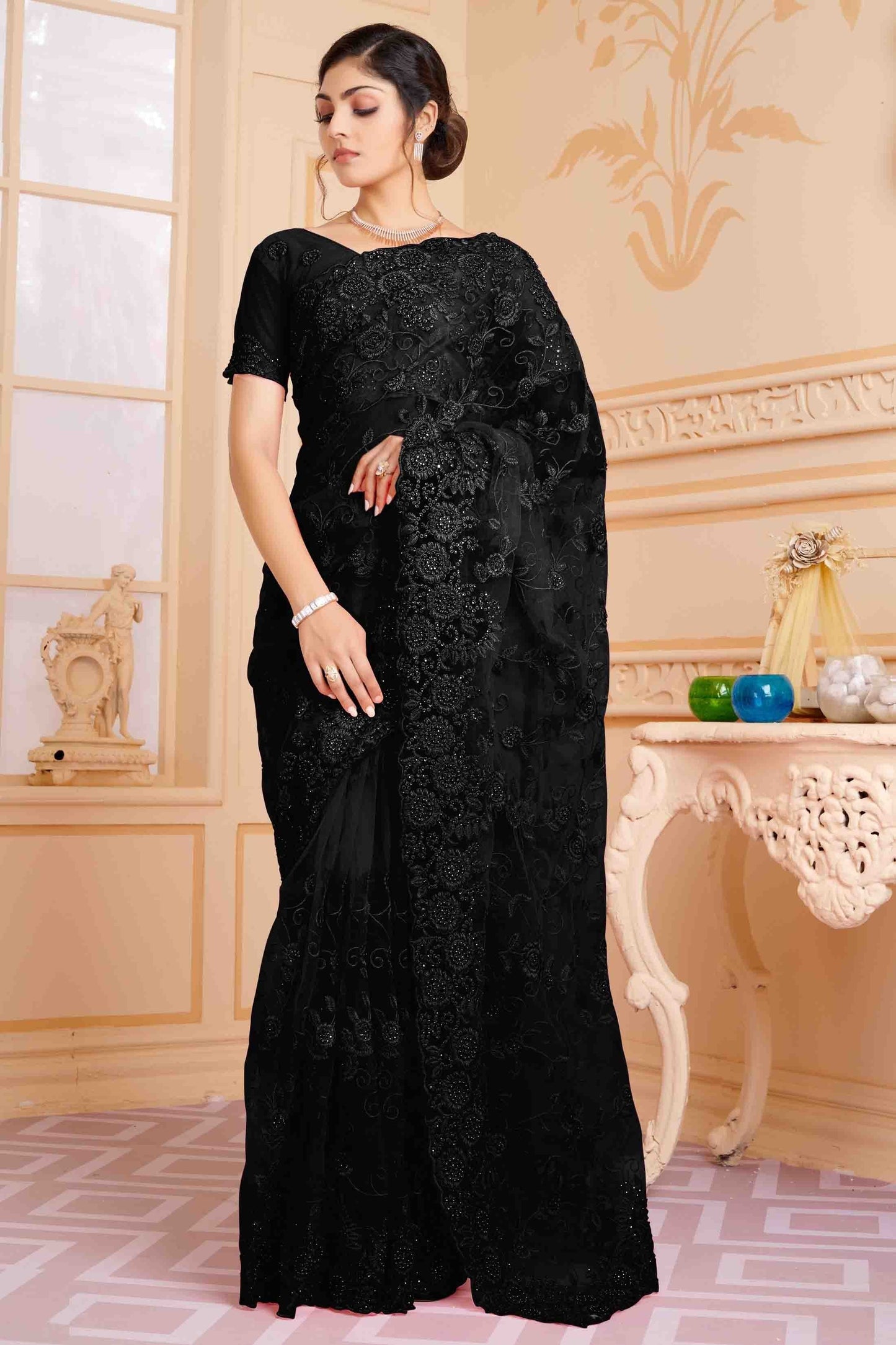 Black Colour Net Designer Saree SD1090606