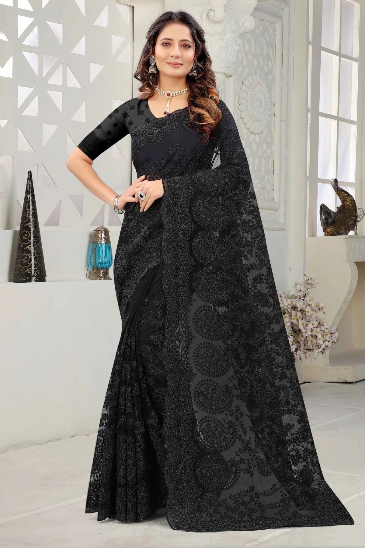 Black Colour Net Embroidery Saree SD1090227