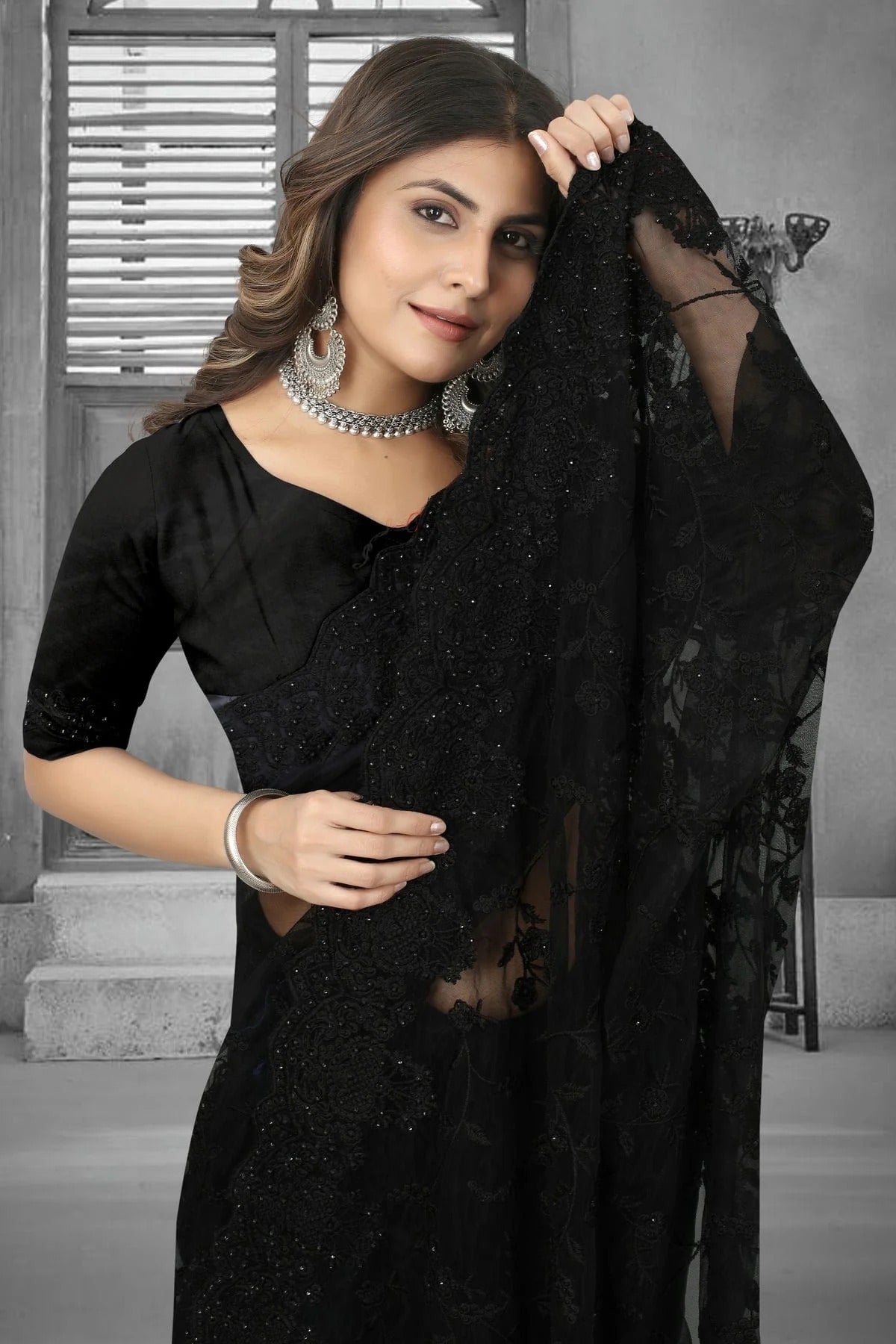 Black Colour Net Saree SD1090839 A