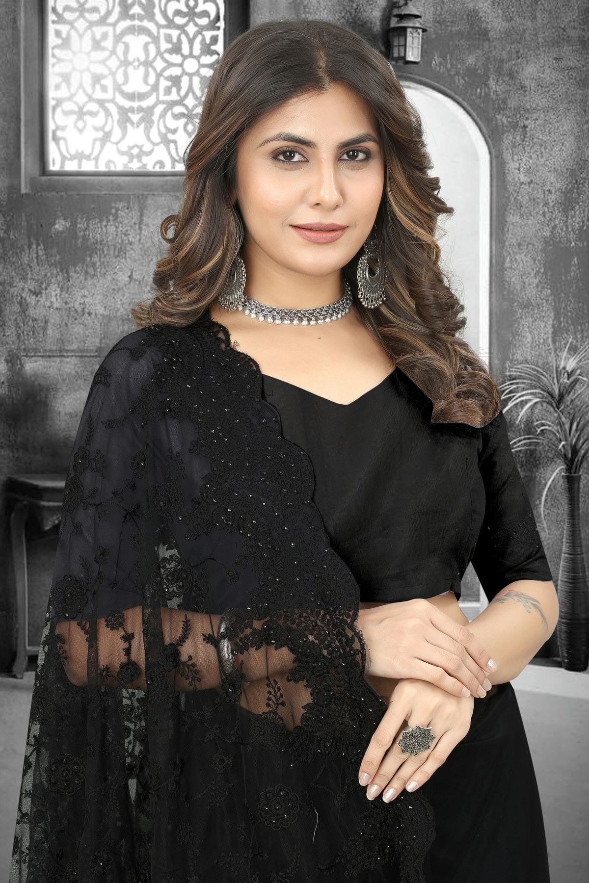 Black Colour Net Saree SD1090846 A