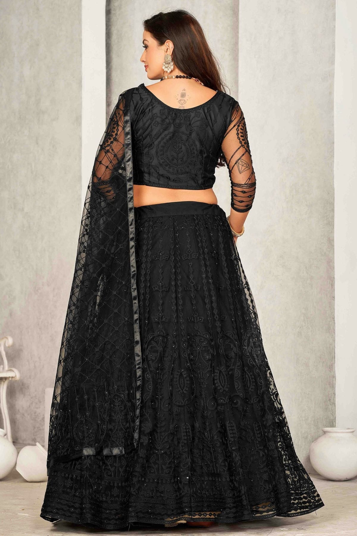Black Colour Net Semi Stitched Lehenga Choli LC1170065 B