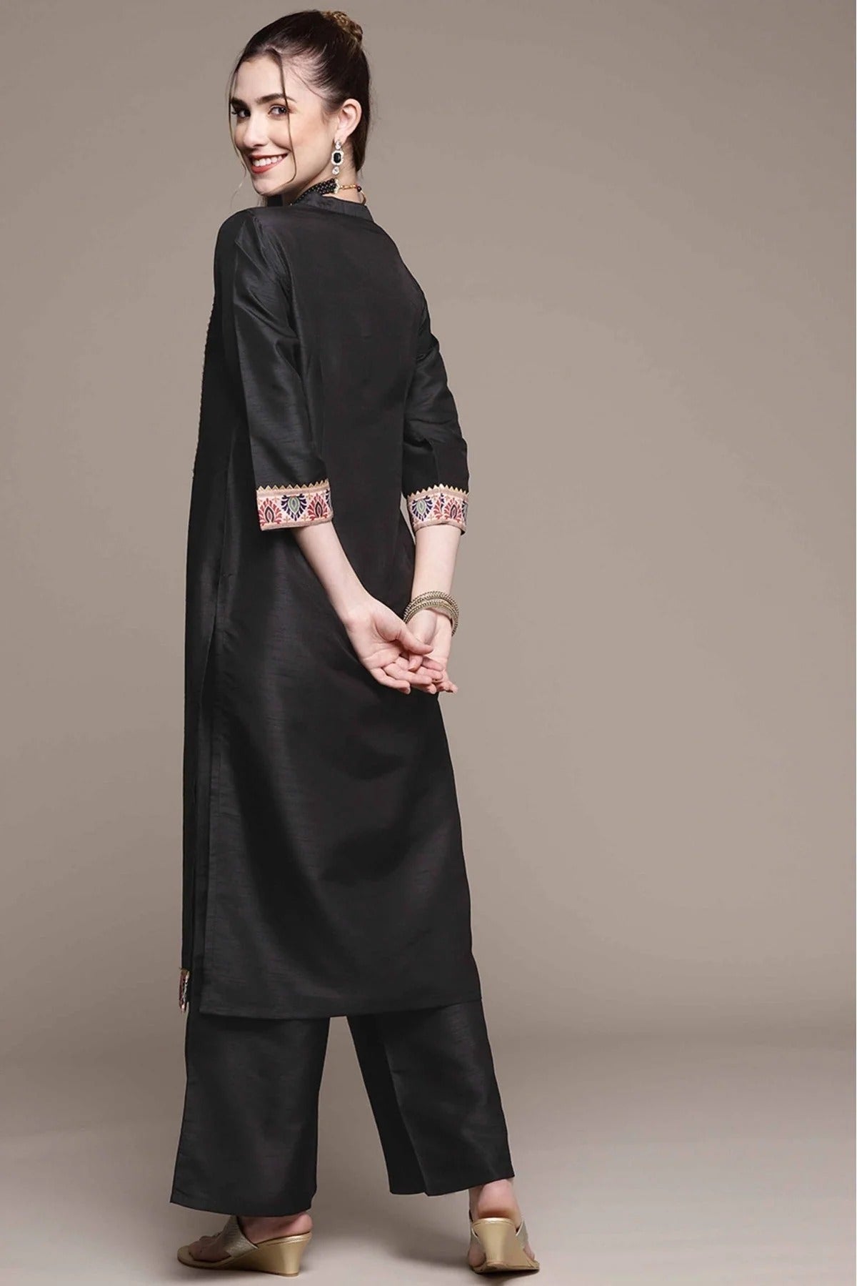 Black Colour Poly Silk Printed Kurta With Palazzo KR1060025 C