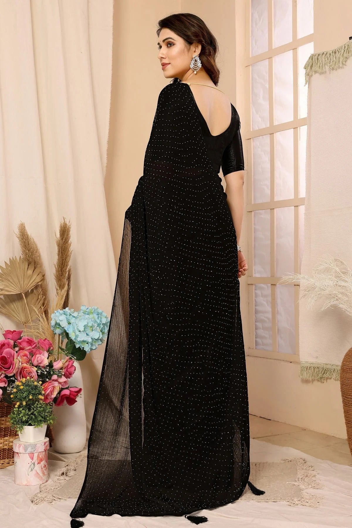 Black Colour Satin Chiffon Stone Work Saree SD1180083 A