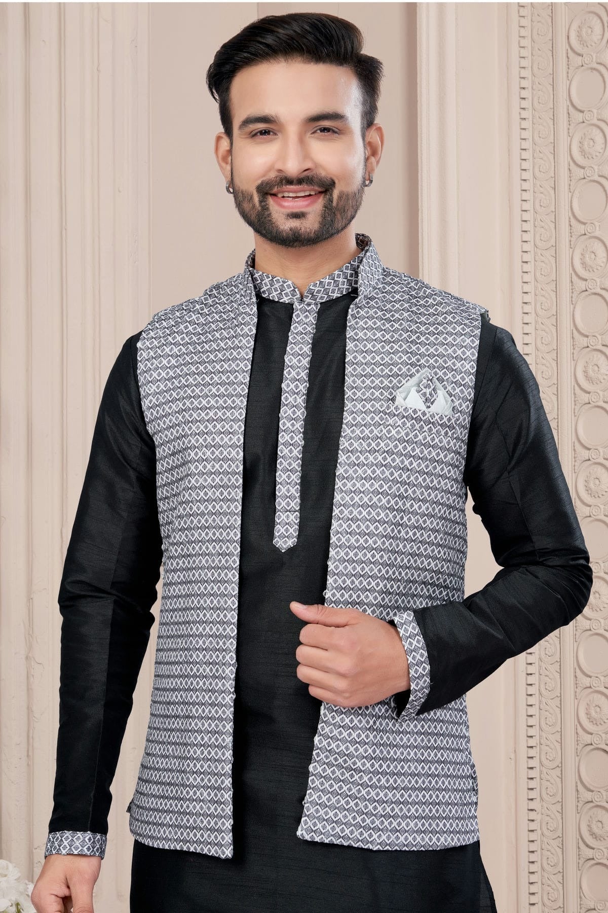 Black Colour Silk Dupion Jacket Kurta Pajama KP1040657 A