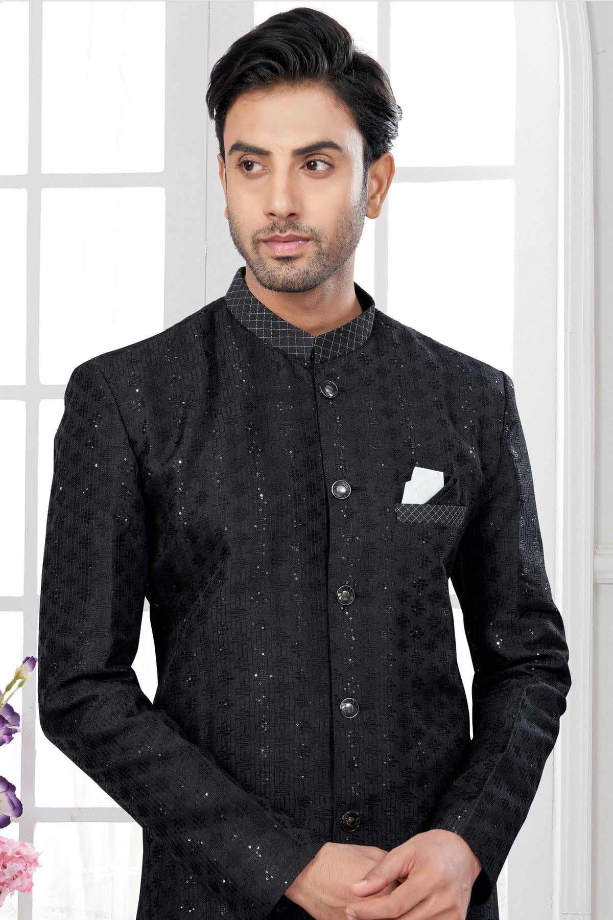 Black Colour Silk Dupion Sherwani SH1040622 A