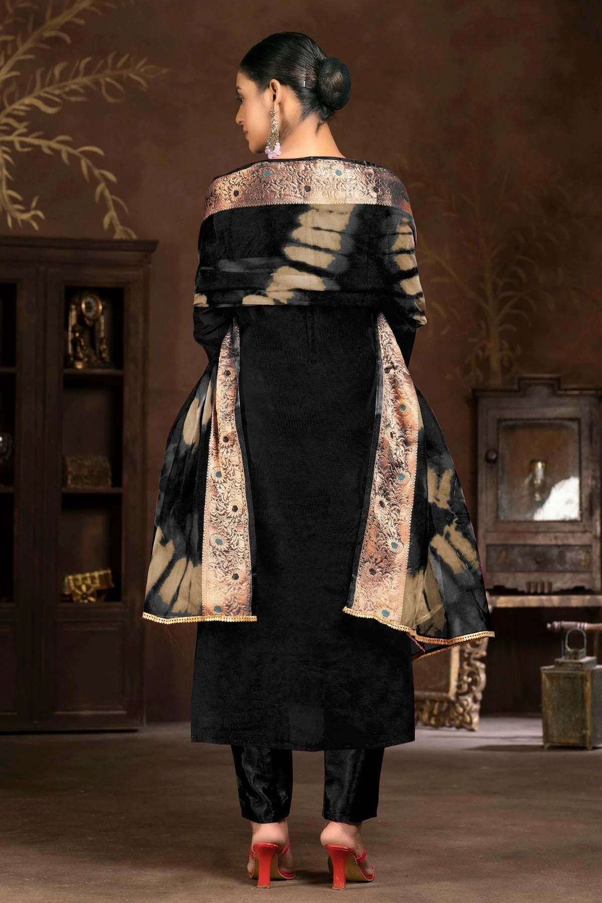 Black Colour Unstitched Cotton Jacquard Pant Style Suit US1161315 A