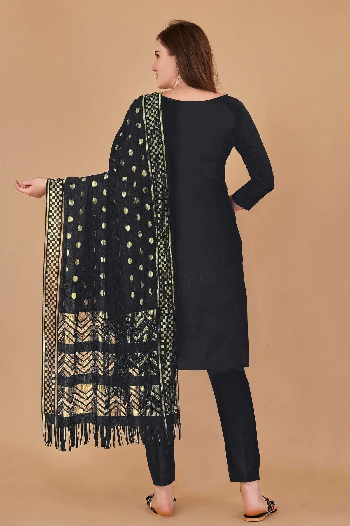 Black Colour Unstitched Cotton Jacquard Straight Suit US1160874 A