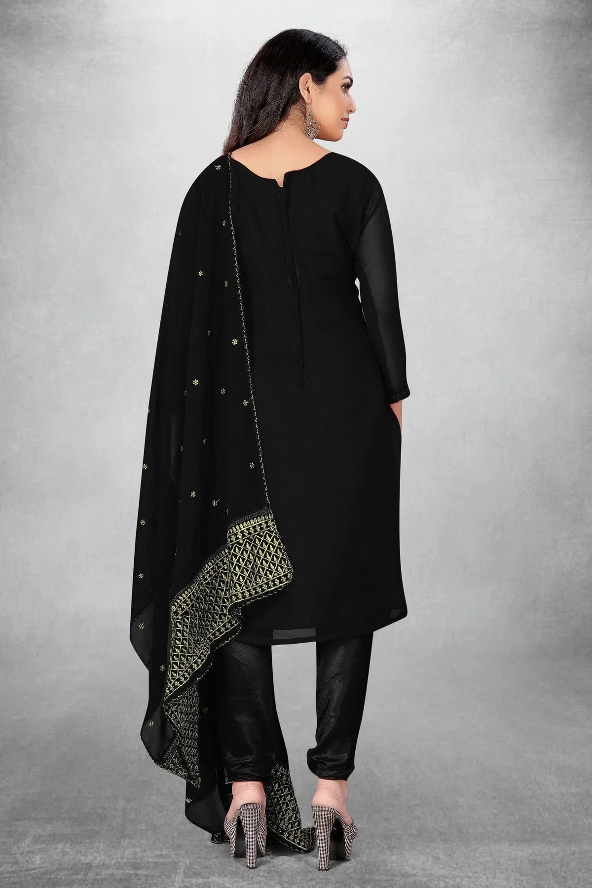 Black Colour Unstitched Georgette Churidar Suit US1160817 A