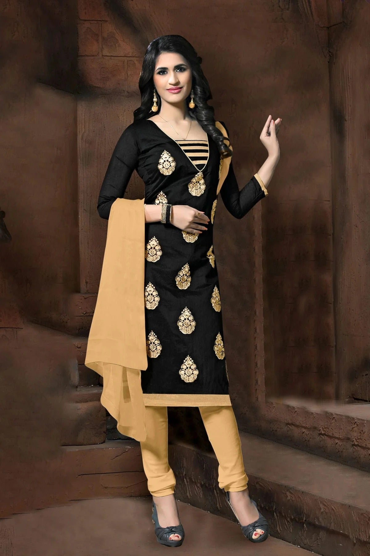 Black Colour Unstitched Modal Cotton Churidar Suit US1161203