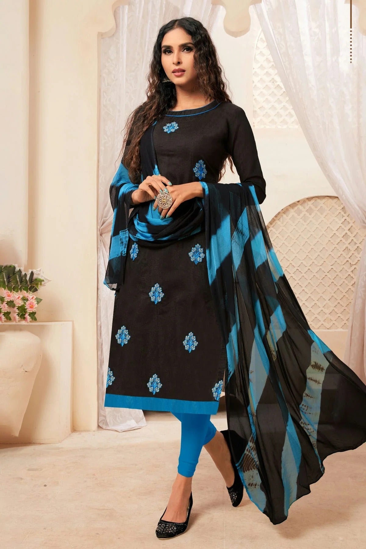 Black Colour Unstitched Modal Silk Straight Suit US1161129