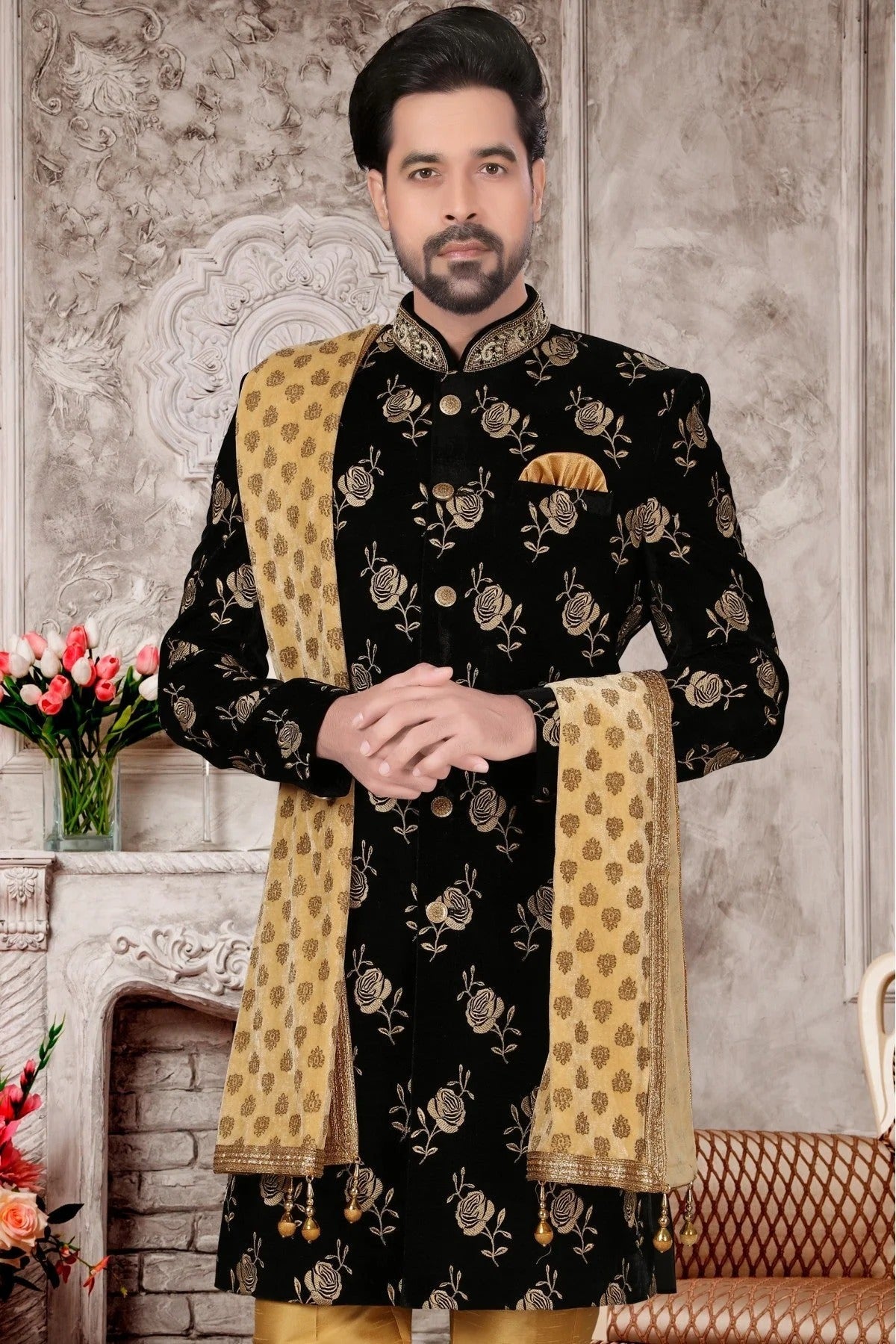 Black Colour Velvet Sherwani SH1040283 A