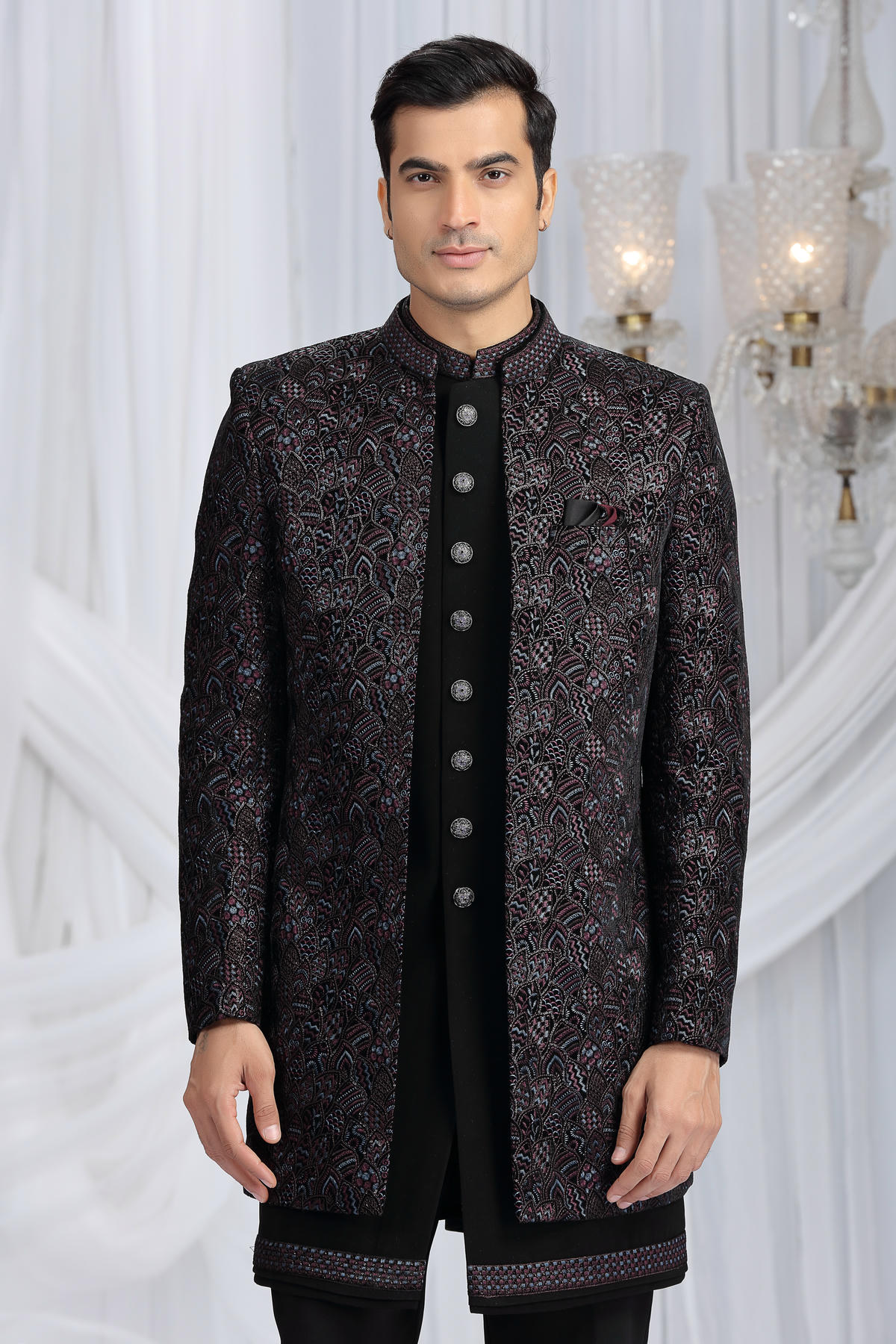 Black Colour Velvet Silk Embroidery Work 3 Pcs Indo Western Sherwani