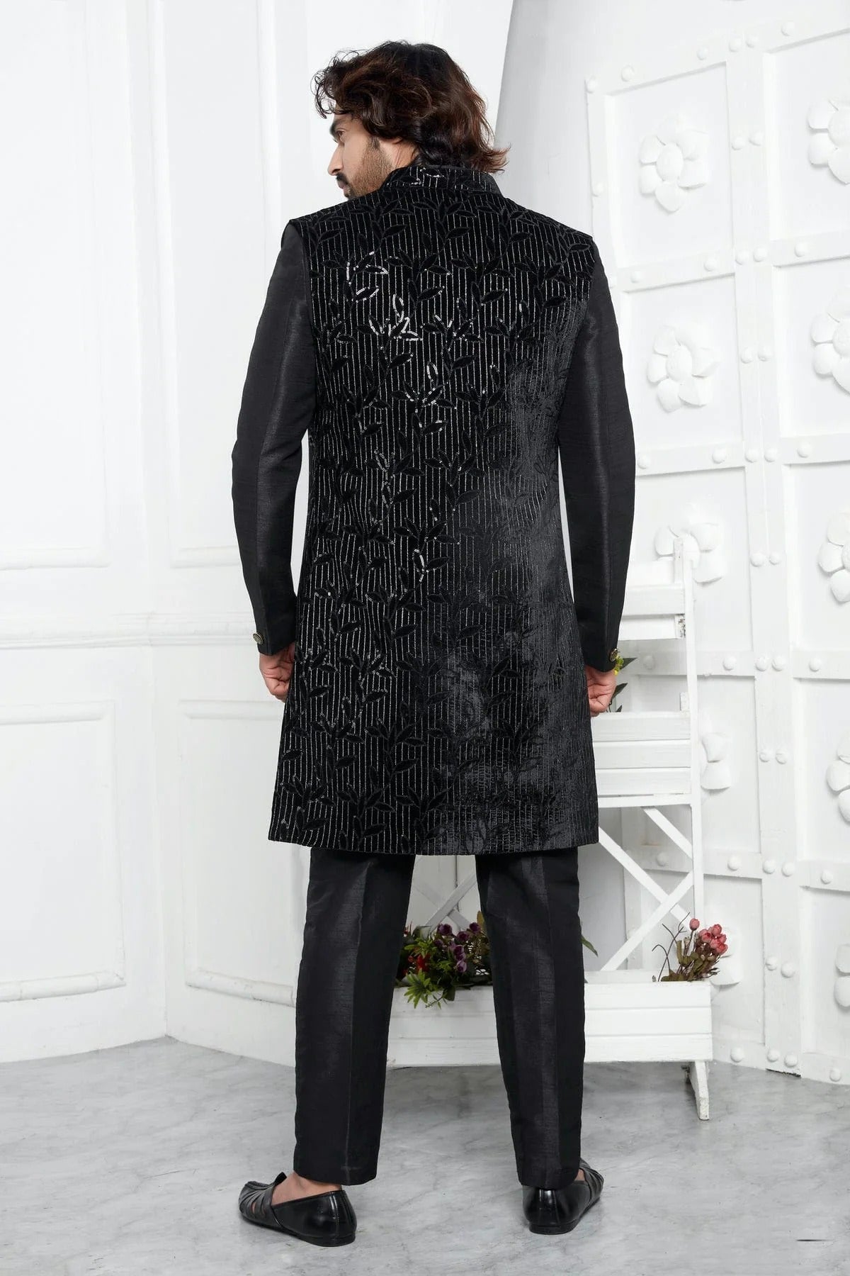 Black Colour Velvet Silk Indowestern Sherwani With Aligadhi Pant SH1230013 B