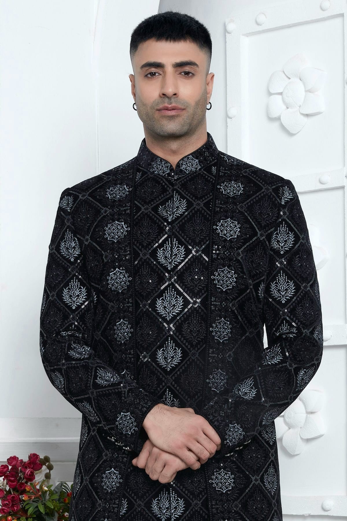 Black Colour Velvet Silk Indowestern Sherwani With Aligadhi Pant SH1230023 B