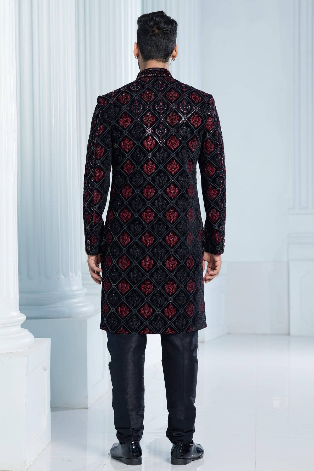 Black Colour Velvet Thread Embroidery Work Indo Western