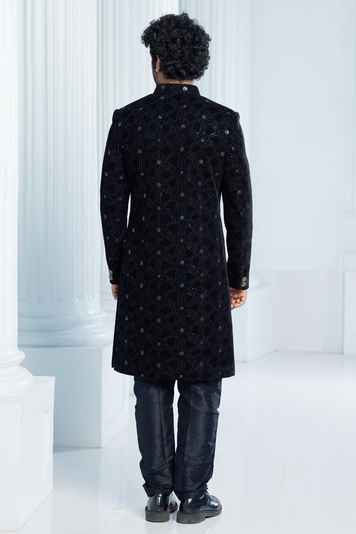 Black Colour Velvet Thread Embroidery Work Indo Western