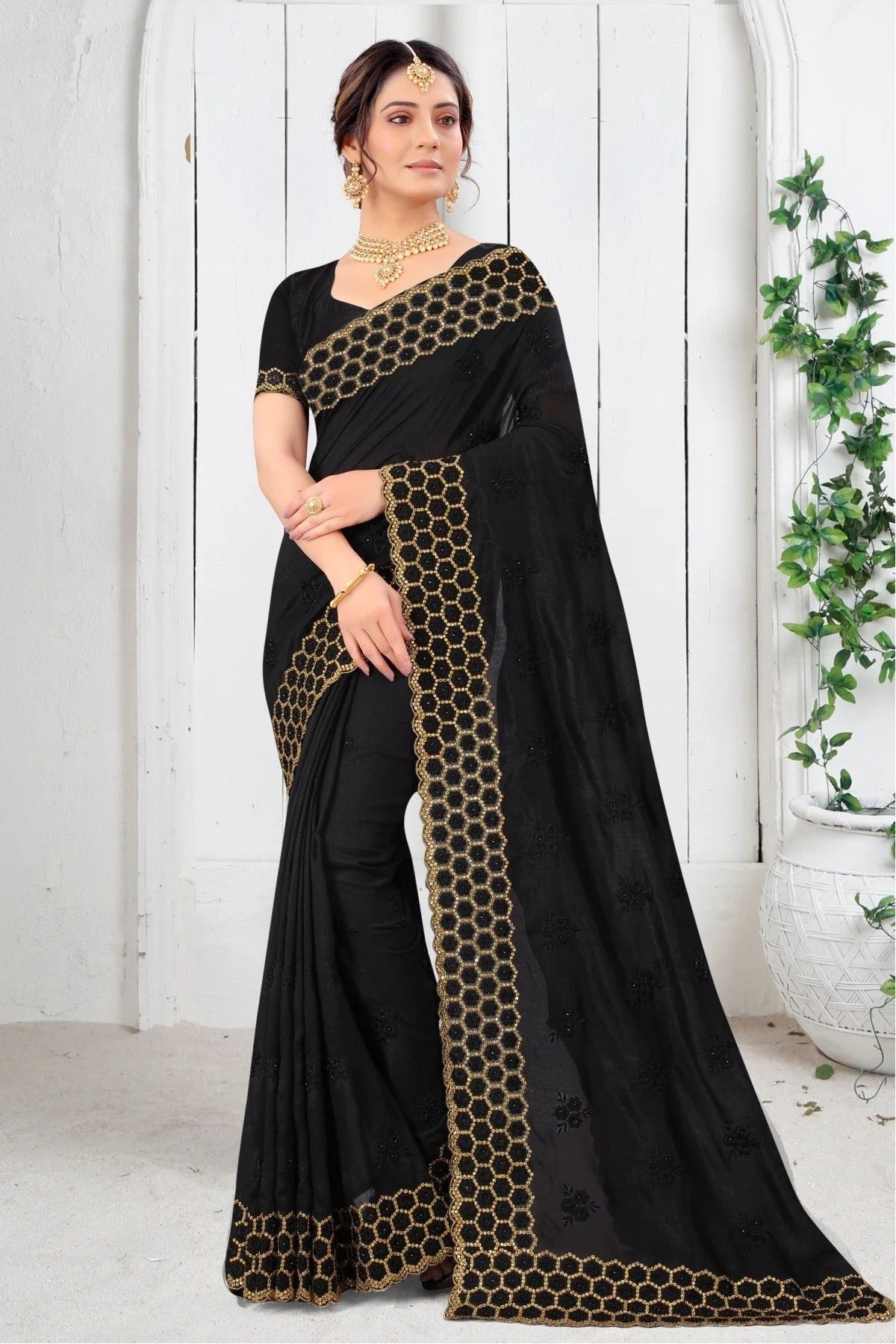 Black Colour Vichitra Silk Resham Work Saree SD1120210