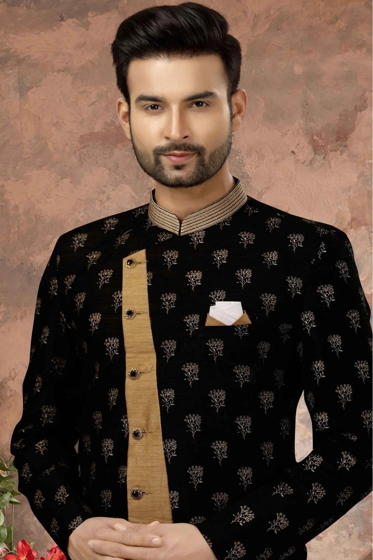 Black and Beige Colour Jacquard Digital Print Sherwani SH1040334 A