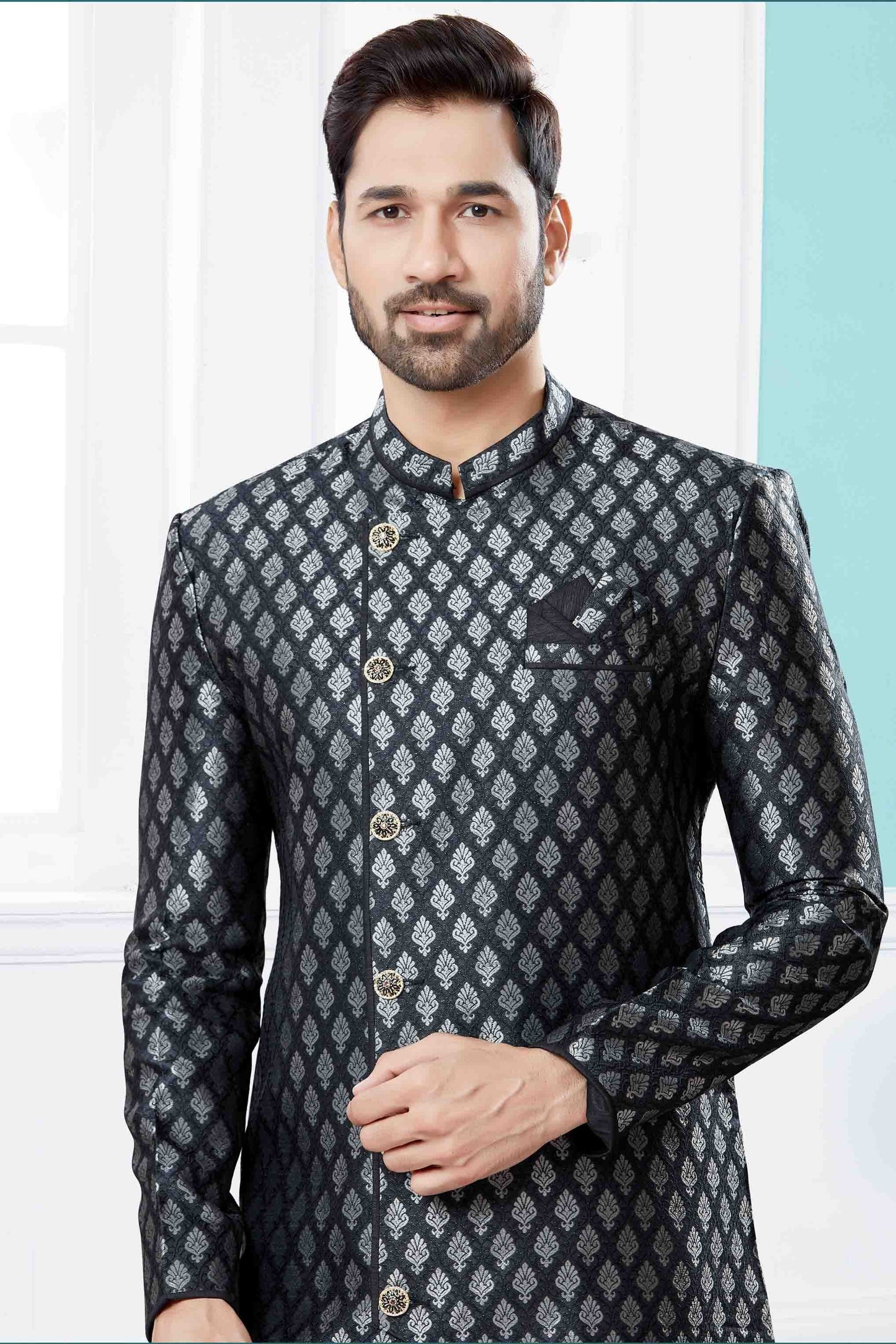 Black and Grey Colour Indo Western In Banarasi Jacquard Fabric SH1040438 A