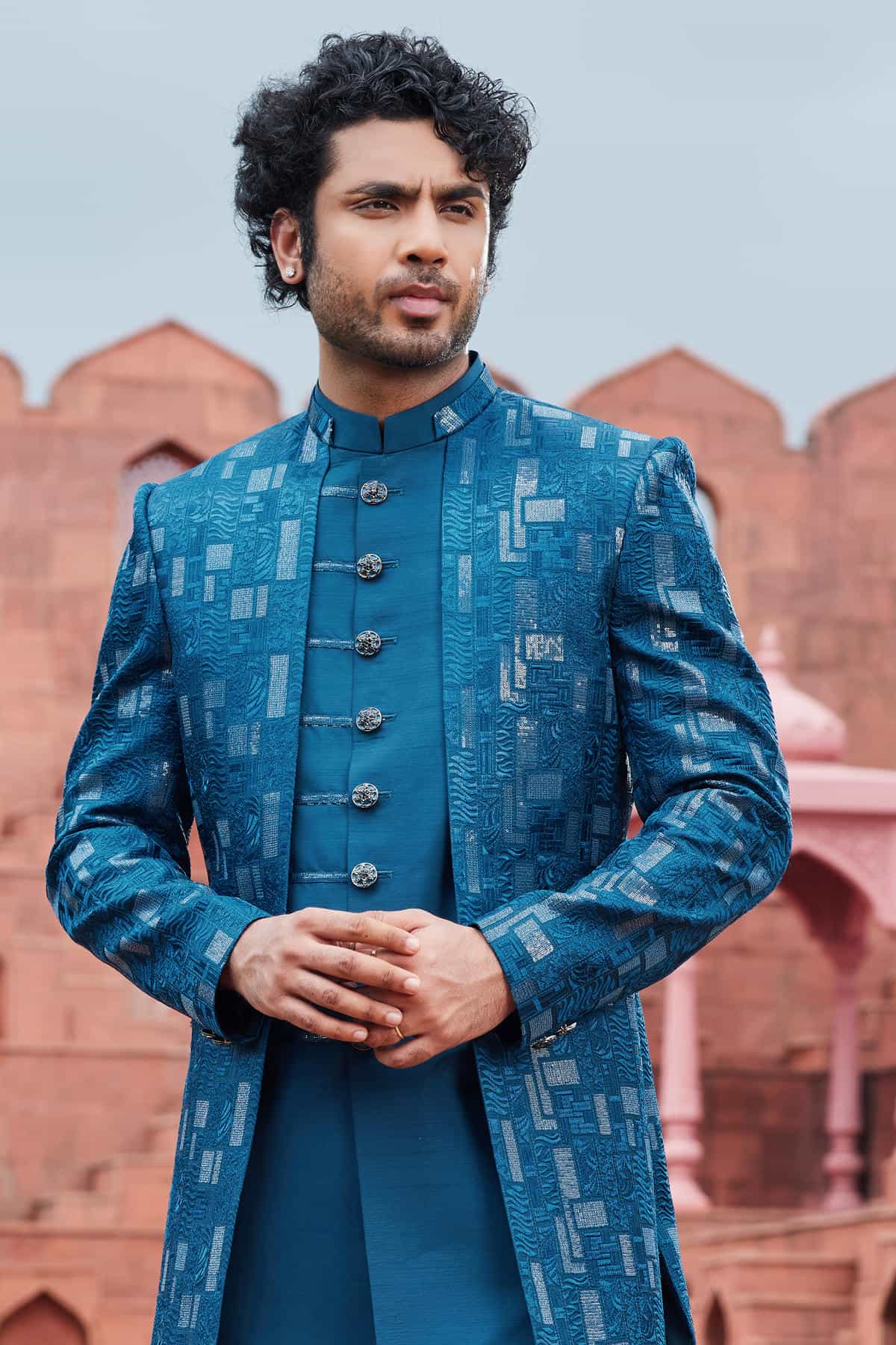 Blue Colour Art Silk Thread Embroidery Work 3 Pcs Jacket Set