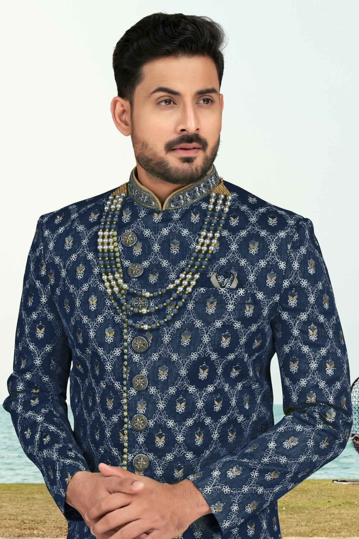 Blue Colour Banarasi Silk Sherwani SH1040537 A