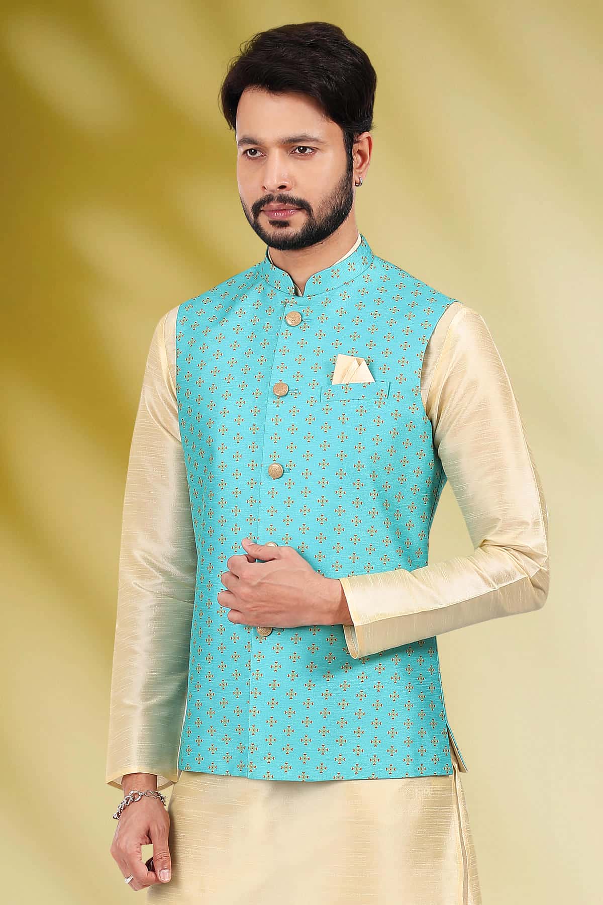 Blue Colour Banarasi Silk Woven Work Kurta Pajama With Jacket
