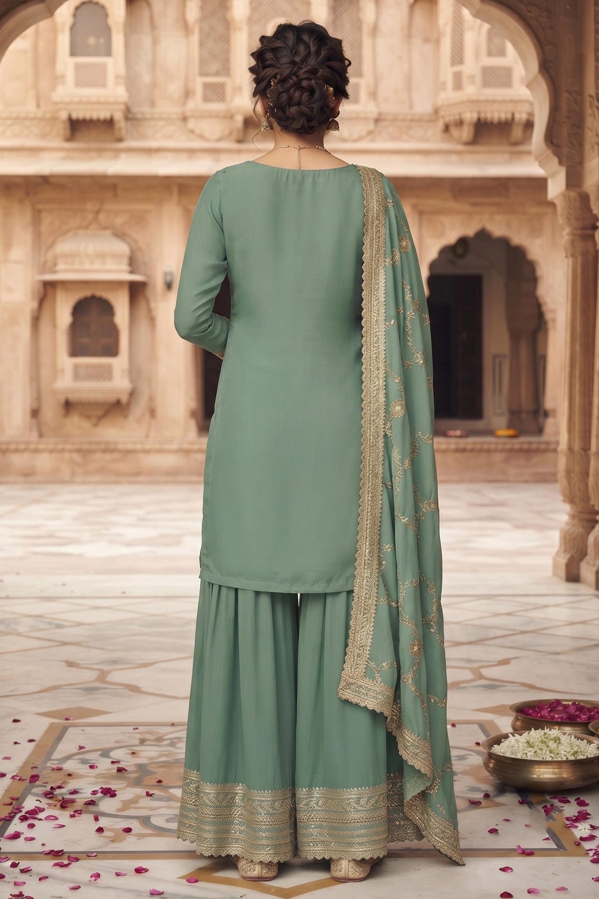 Blue Colour Chinon Embroidery Work Palazzo Pant Suit