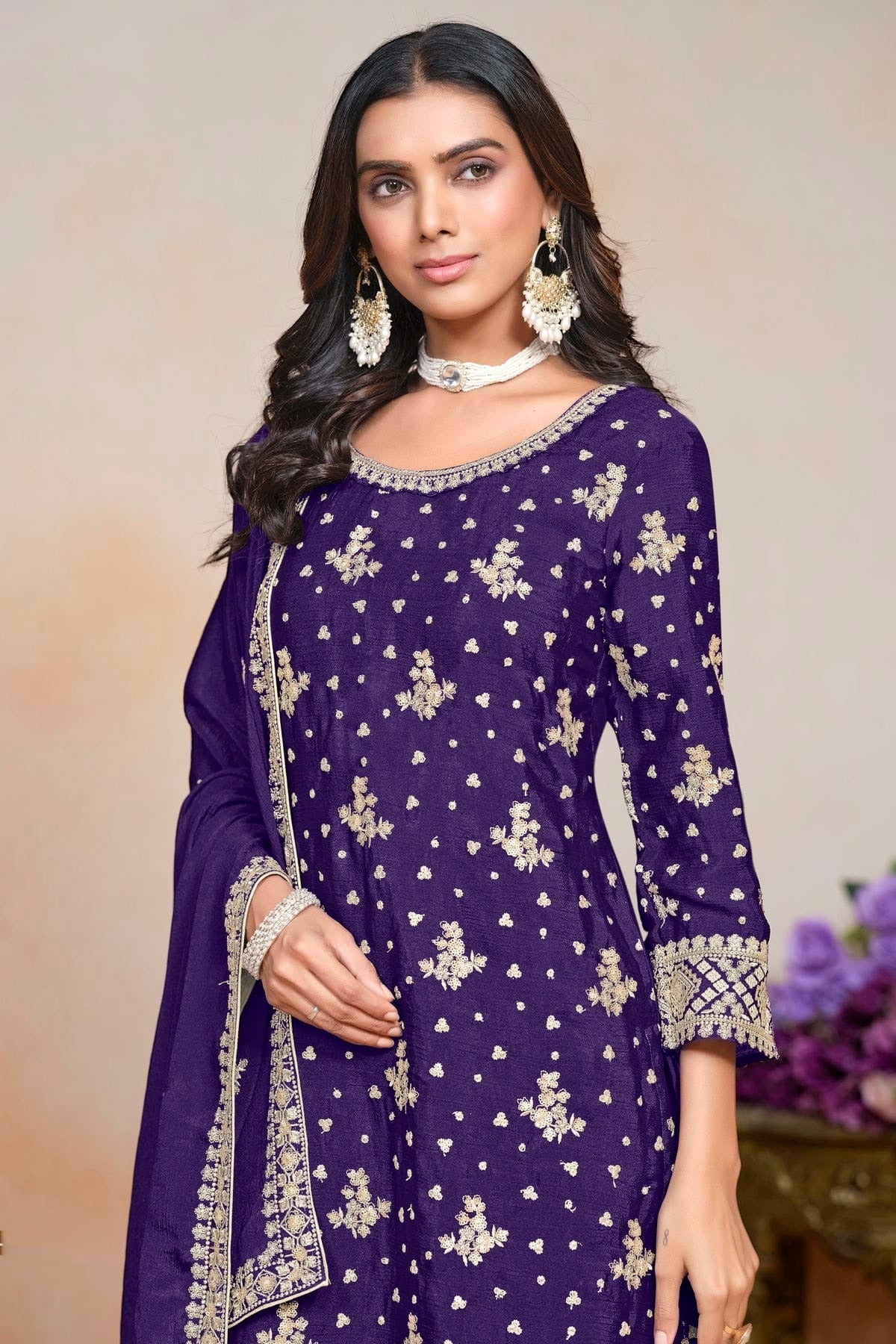 Blue Colour Chinon Semi Stitched Palazzo Pant Suit SM1050630 B