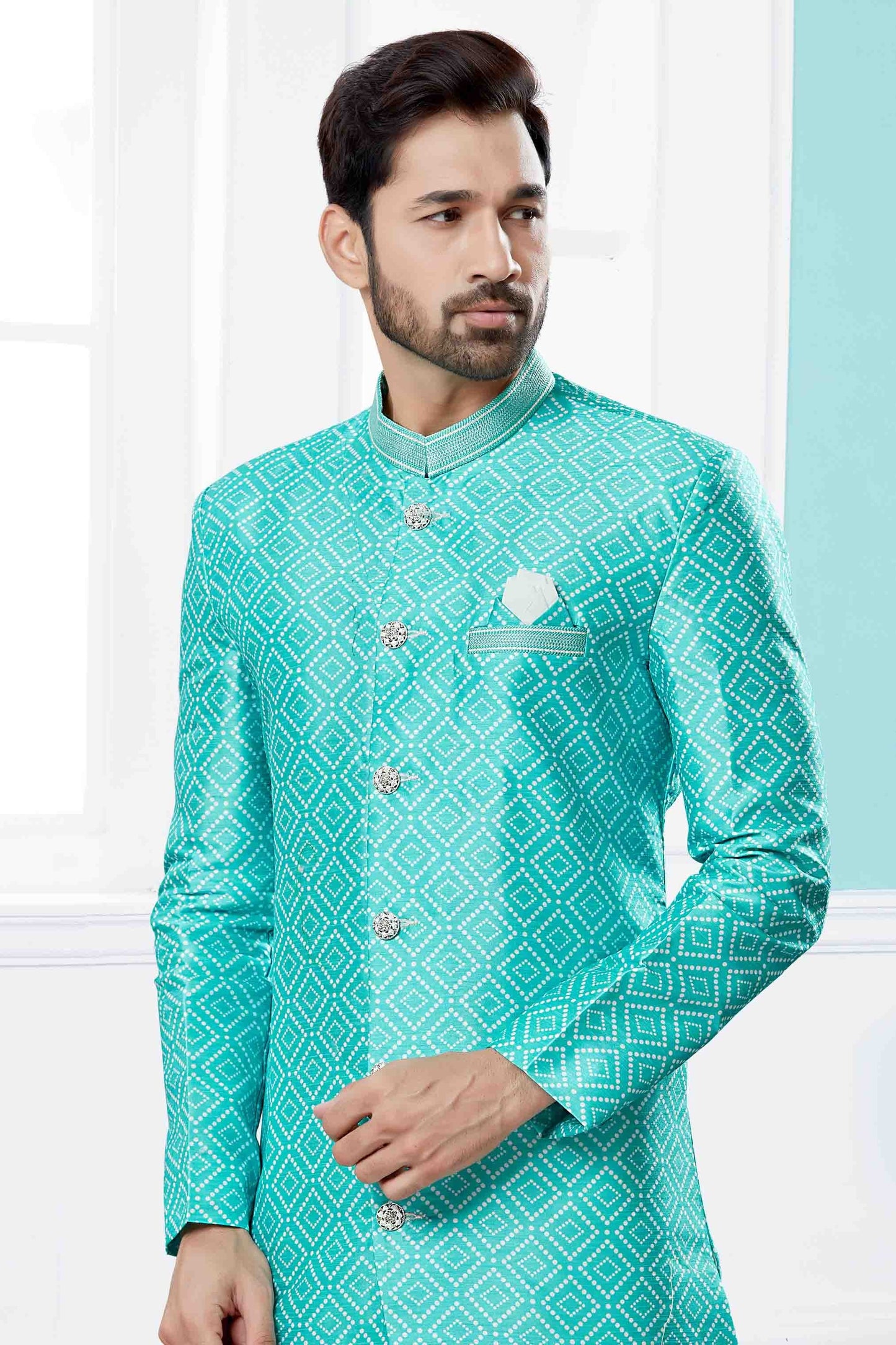 Blue Colour Indo Western In Jacquard Fabric SH1040440 A