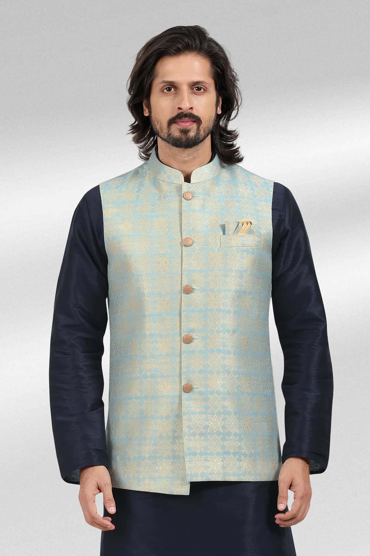 Blue Colour Jacquard Banarasi Silk Woven Work Kurta Pajama With Jacket